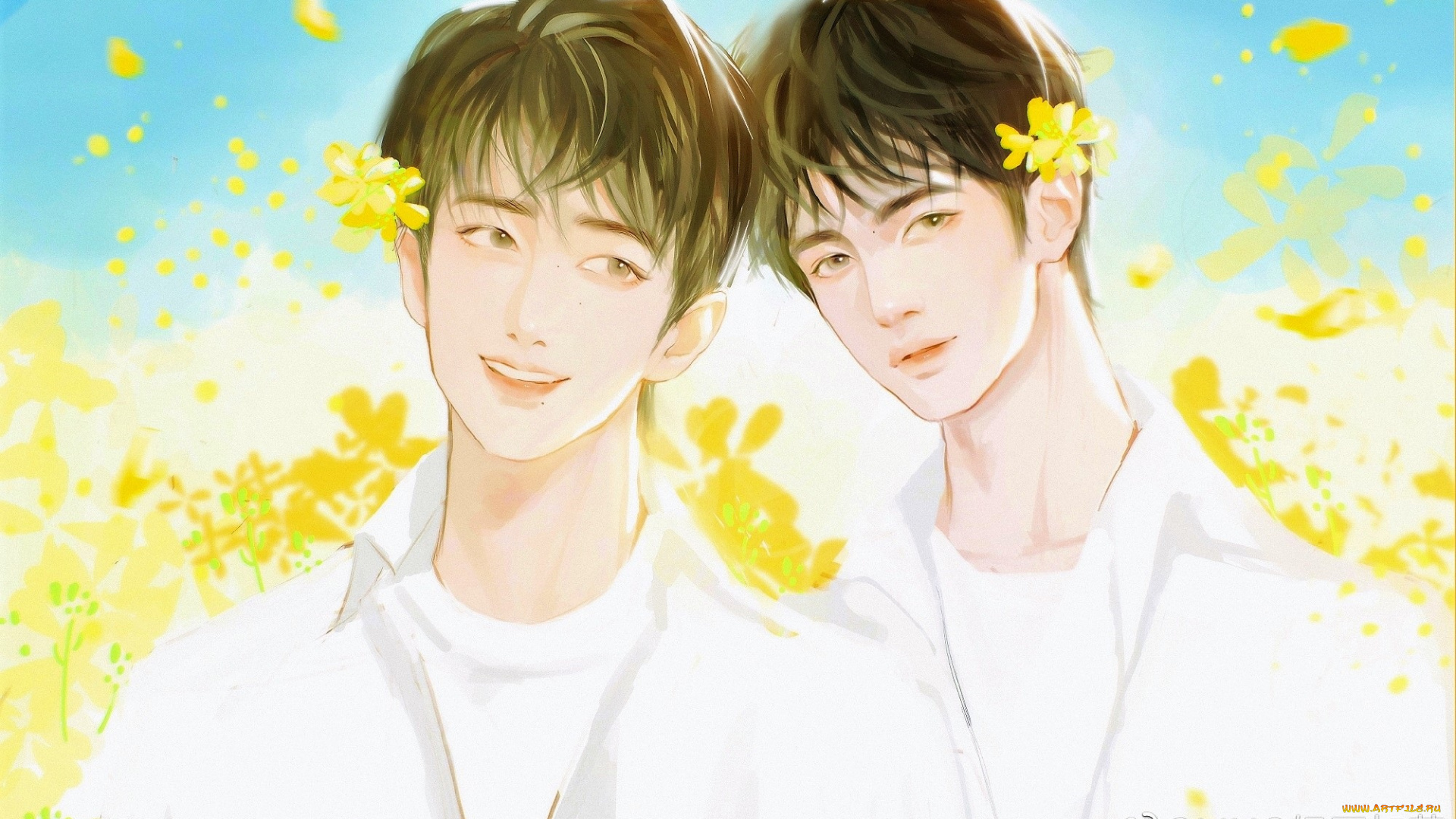 рисованное, люди, парни, лица, цветы