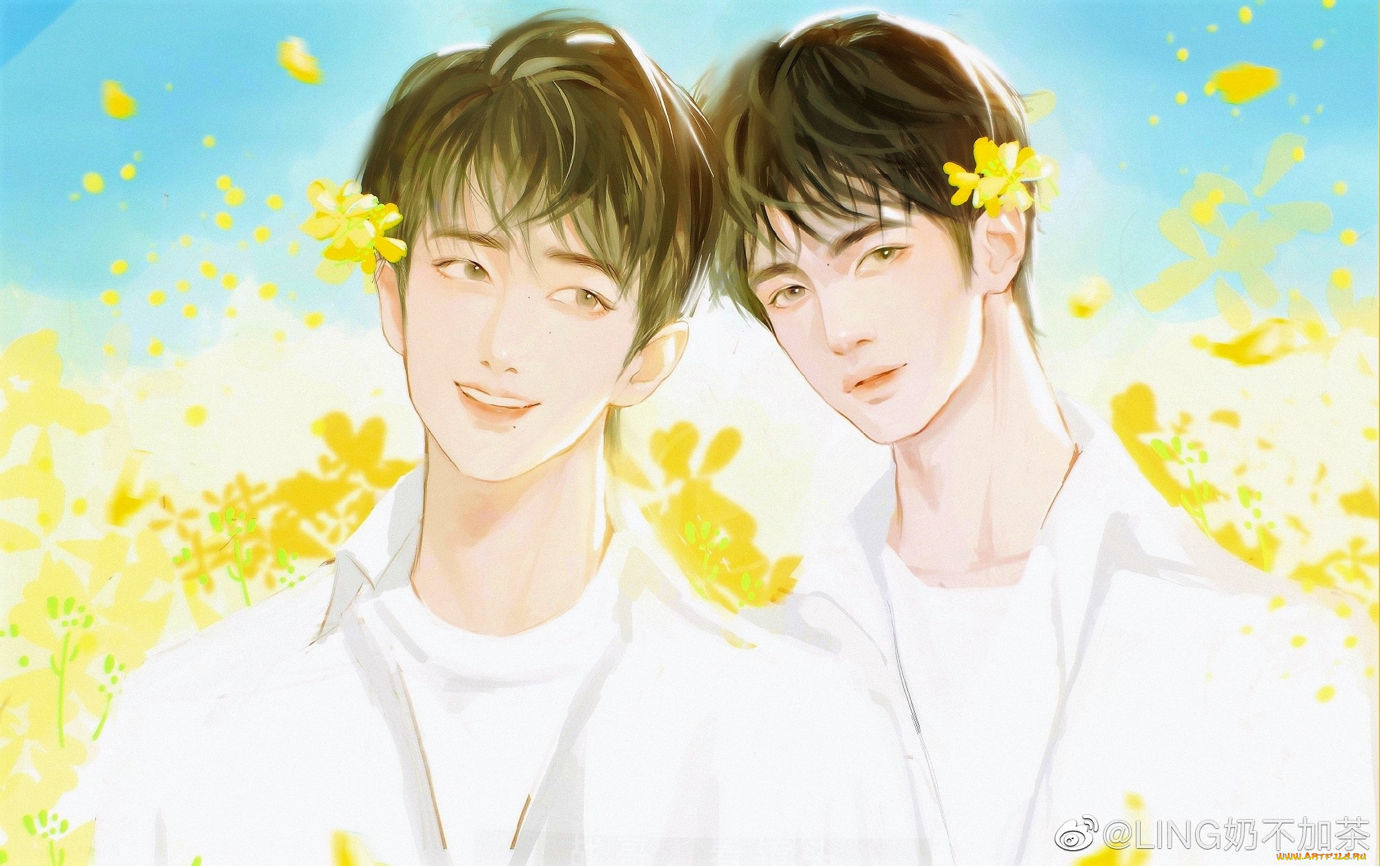 рисованное, люди, парни, лица, цветы