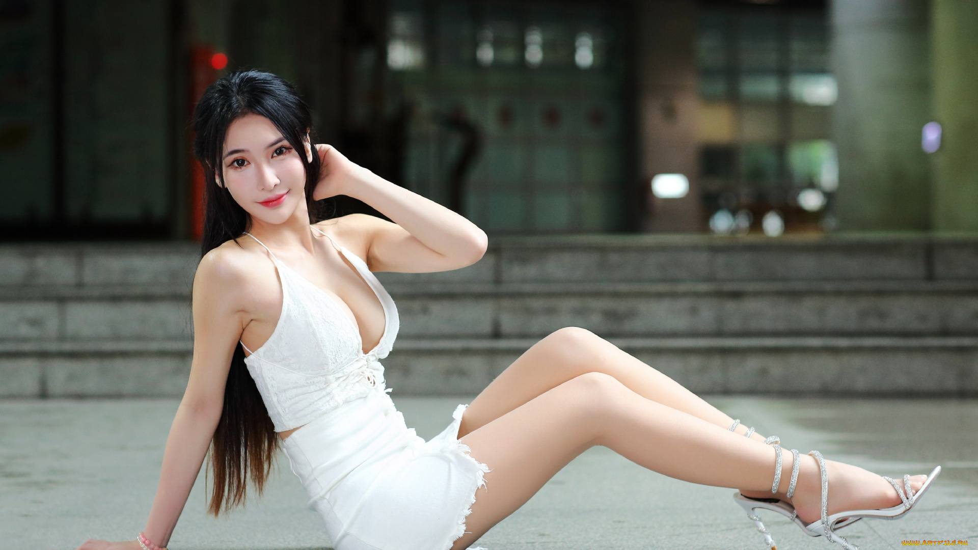 девушки, -, азиатки, азиатка, поза, улыбка, белая, юбка, мини