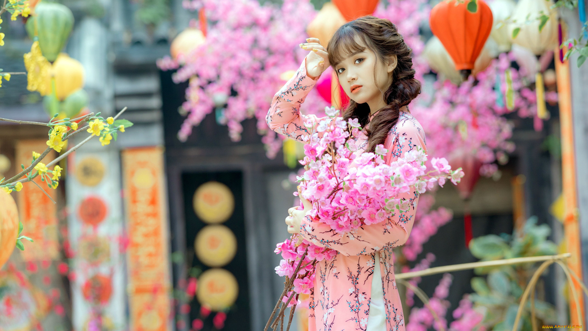 девушки, -, азиатки, азиатка, жест, цветущие, ветки