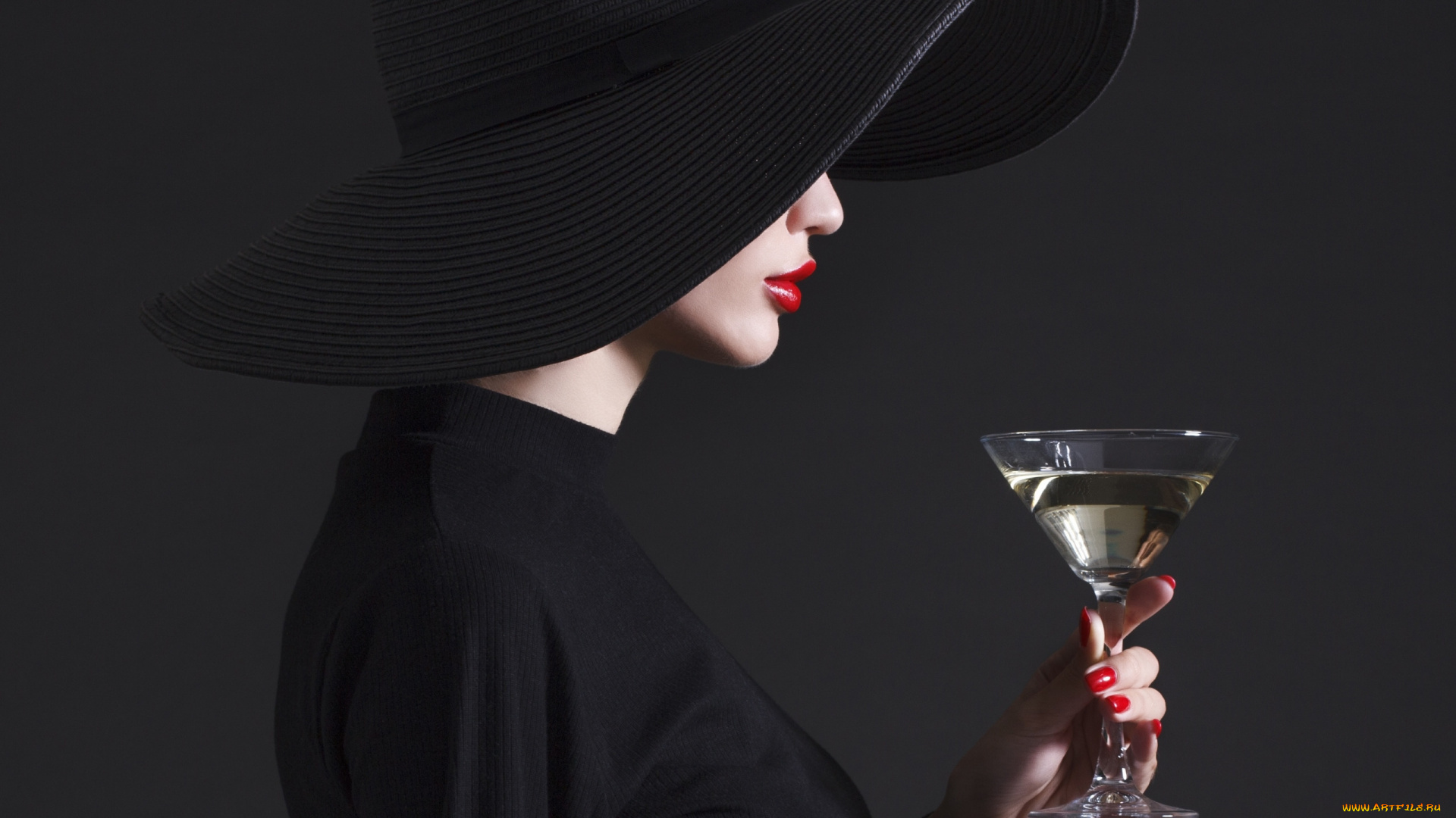 девушки, -, брюнетки, , шатенки, шляпа, бокал, вино, алая, помада