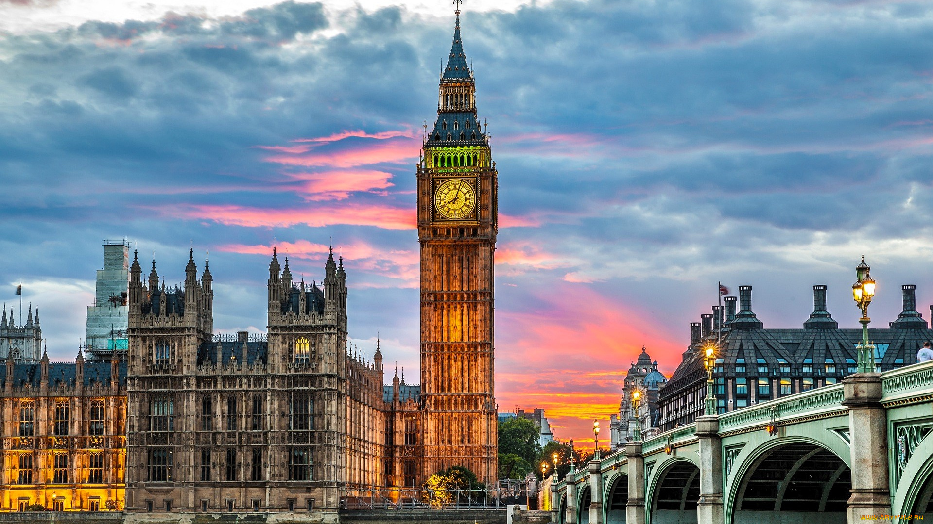 города, лондон, , великобритания, биг, бен, мост, здания, тучи