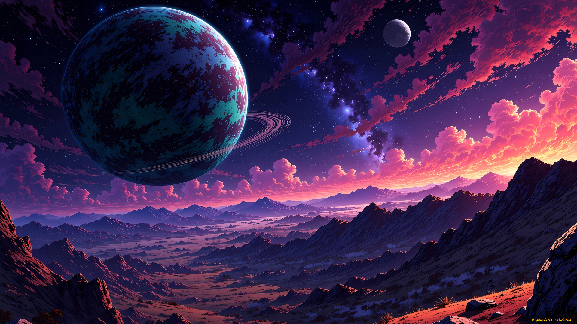 космос, арт, планеты, облака, поверхность, скалы