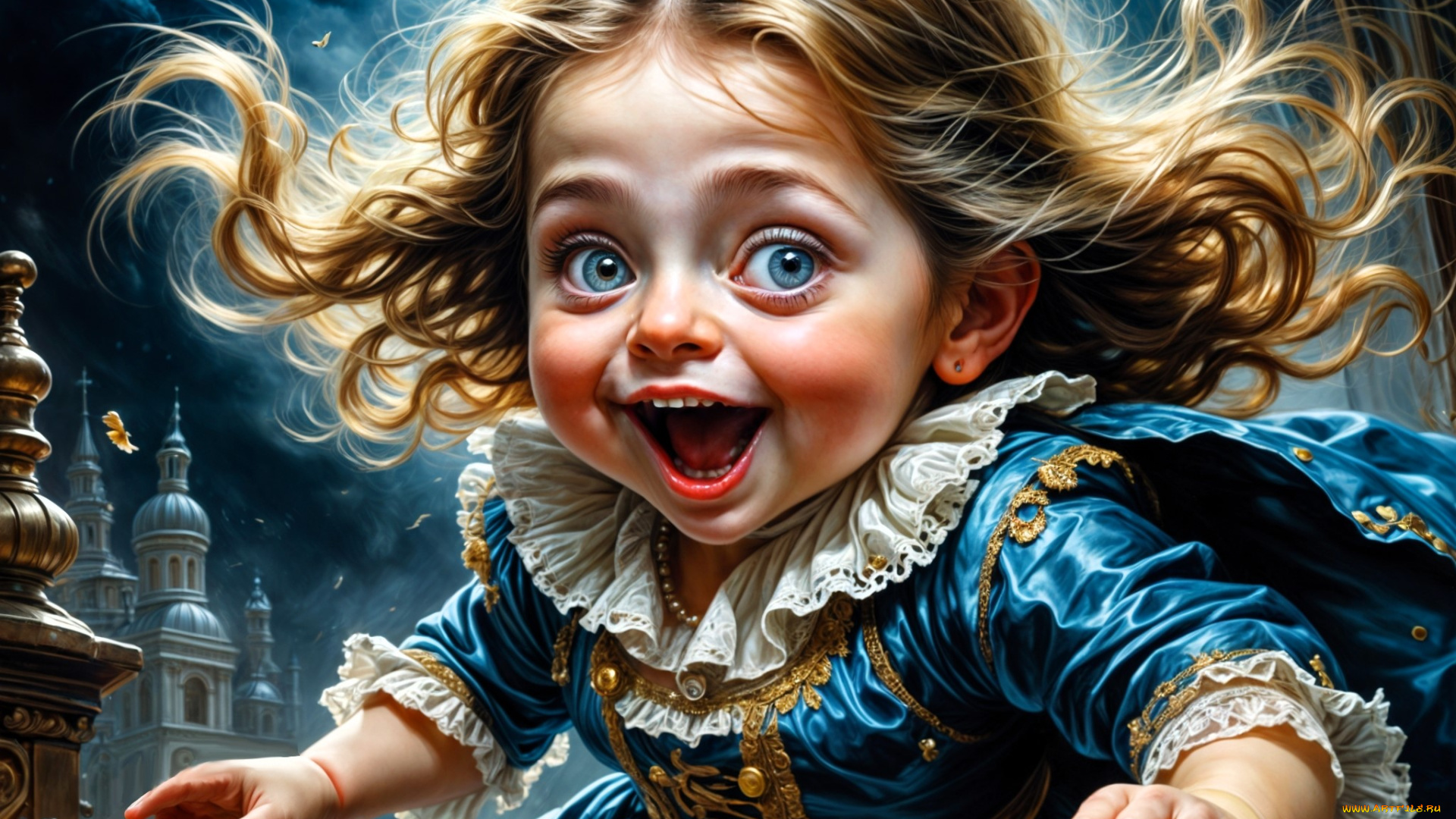 рисованное, дети, девочка, наряд, город