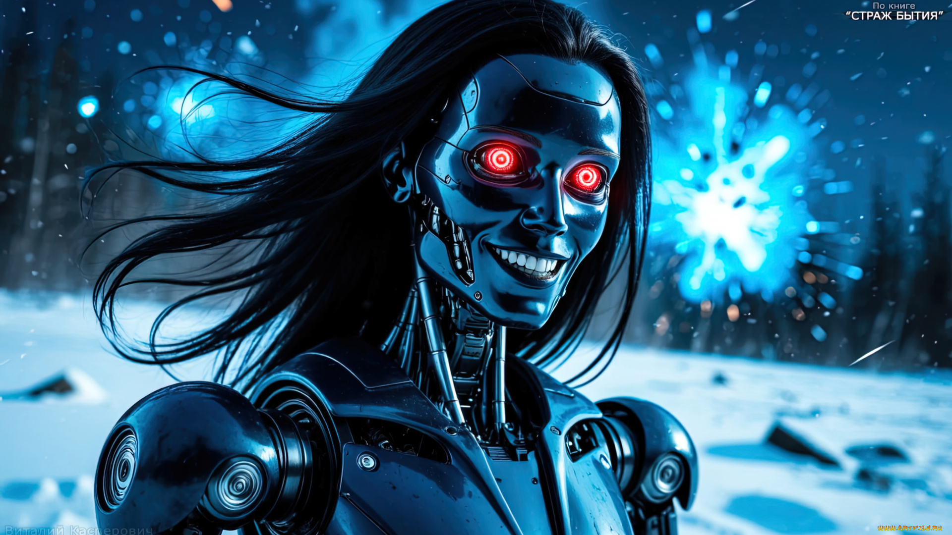 техно-император, 2-й, колоссальный, , по, книге, -, страж, бытия, 3д, графика, научная, фантастика, , science, fiction, синтетический, тиран, синий, металлический, корпус, истеричная, улыбка, длинные, черные, волосы, горящие, глаза, ледяное, поле, боя, искусственный, безумец, стальной, смех, безумия