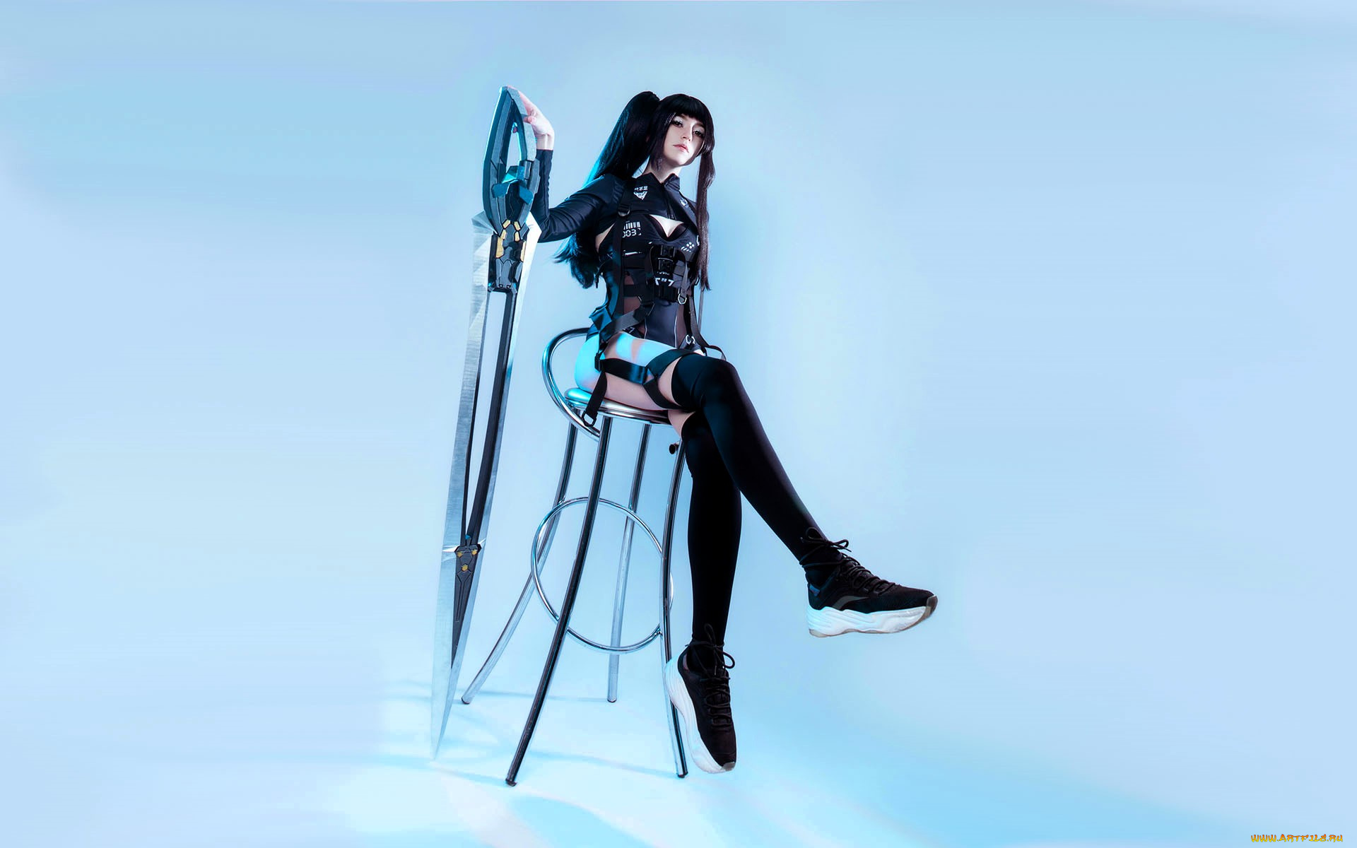 девушки, momo, образ, косплей, наряд, костюм, меч, стул