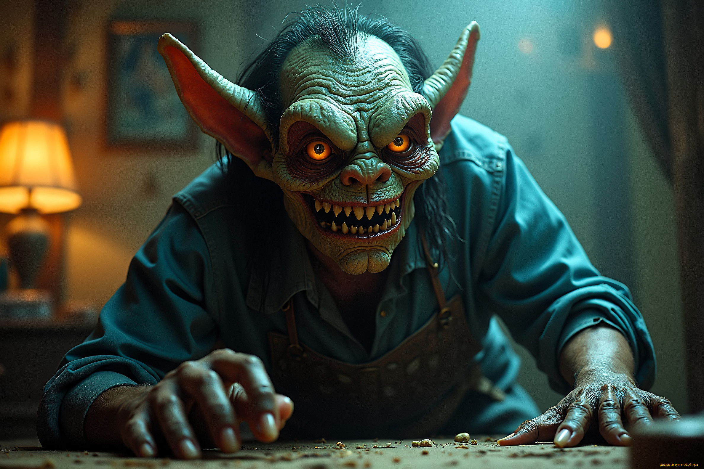 3д, графика, существа, , creatures, гоблин, уши, роба, стол, комната, торшер