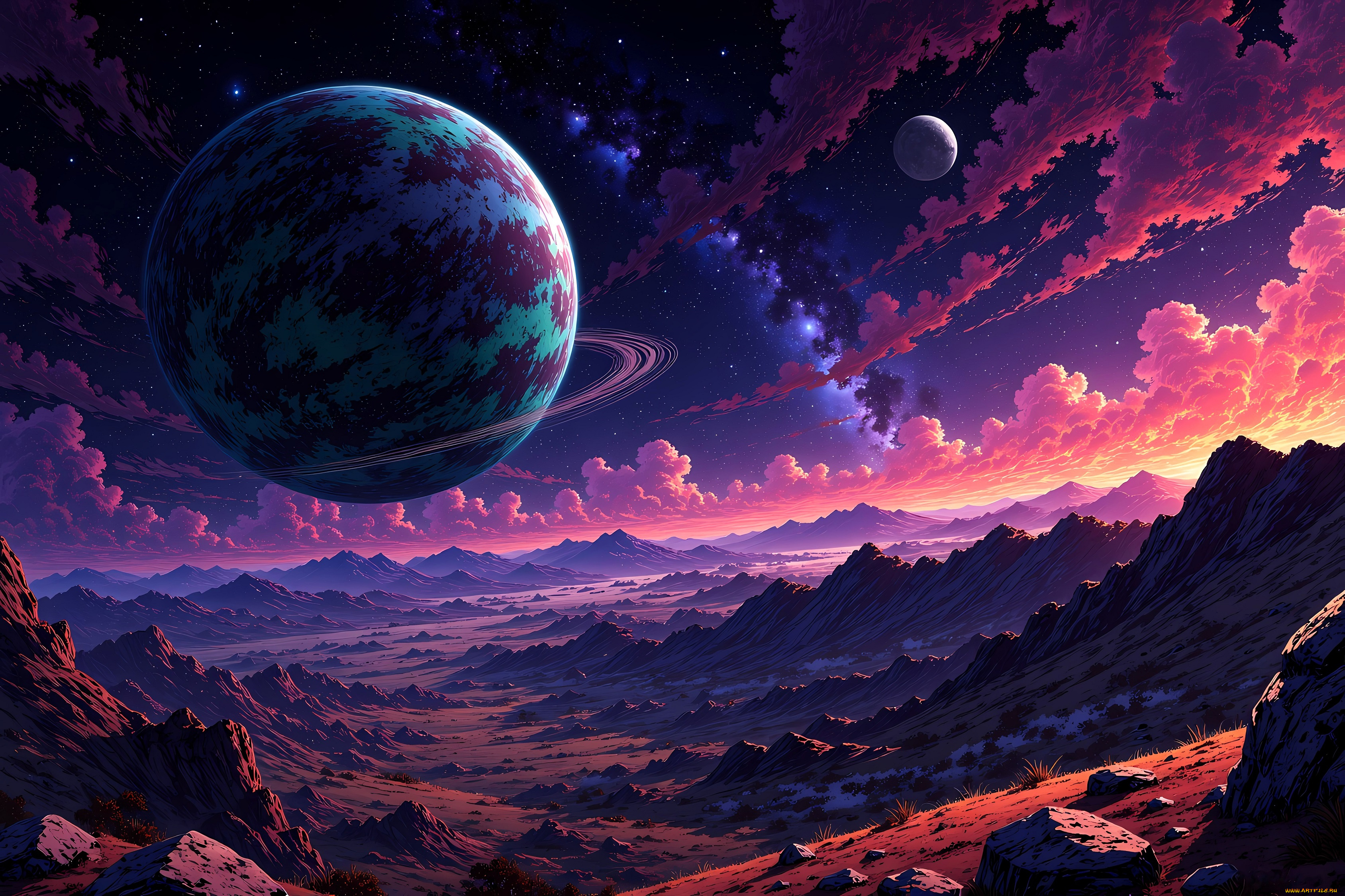 космос, арт, планеты, облака, поверхность, скалы