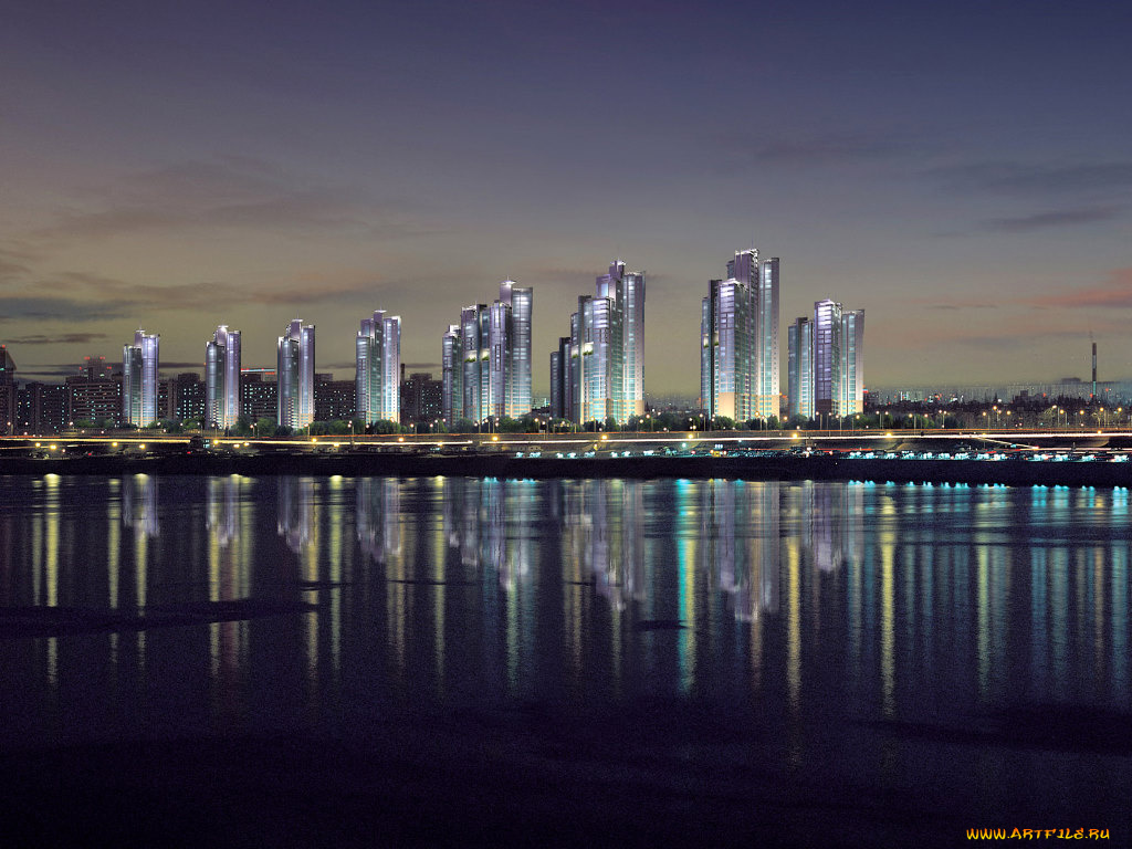 отражение, города, огни, ночного