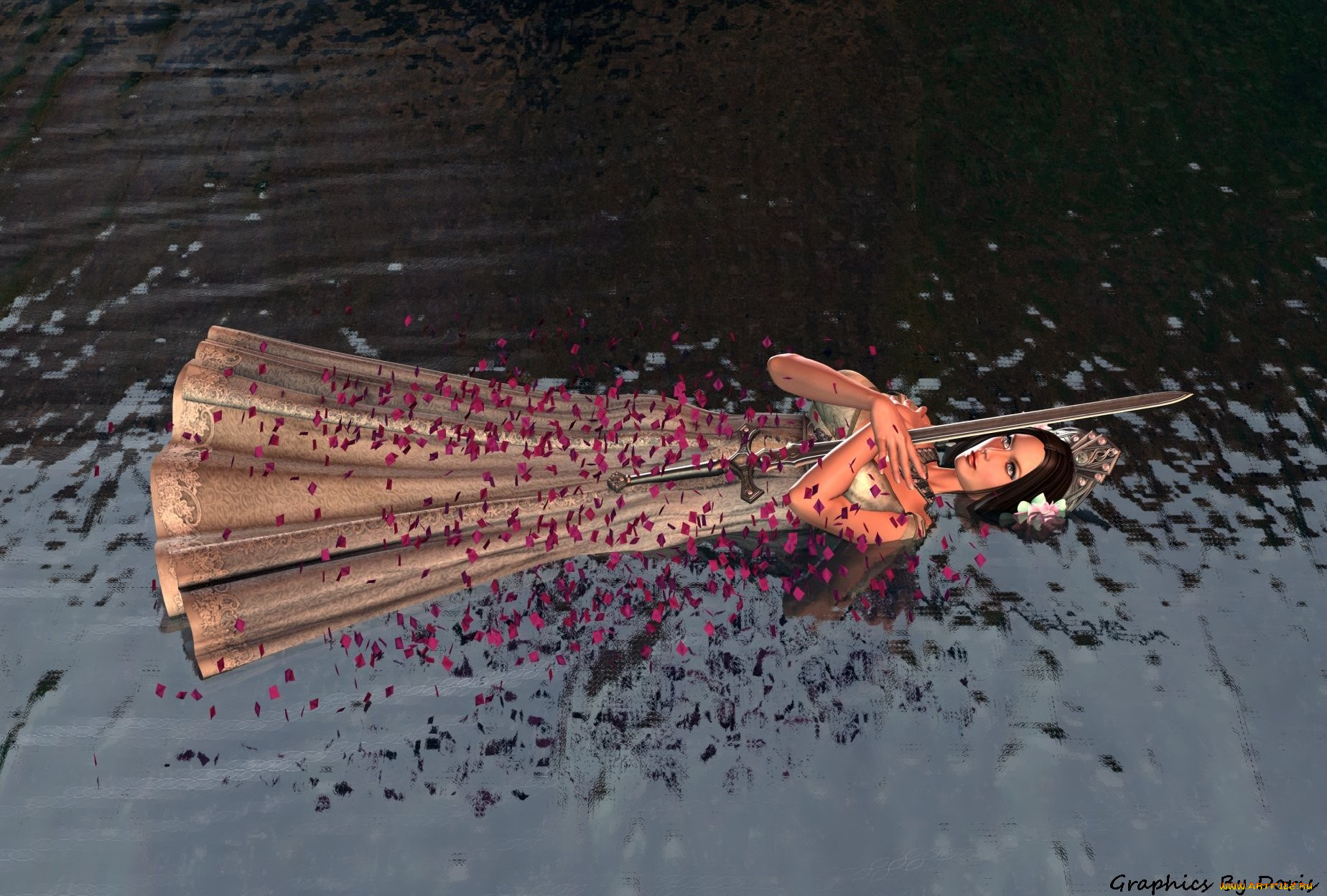 3д, графика, fantasy, фантазия, вода, меч, девушка