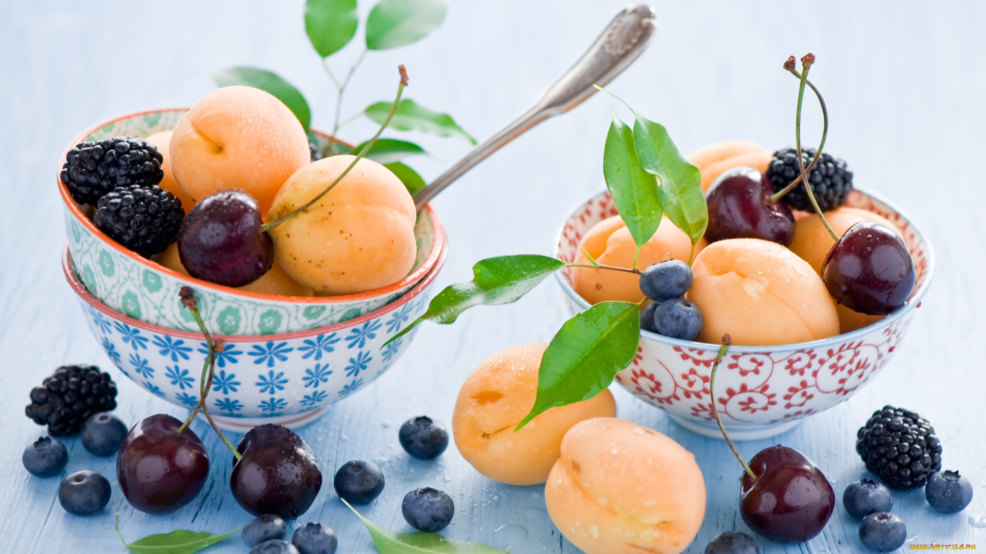 еда, фрукты, ягоды, абрикосы, черешня, ежевика, голубика