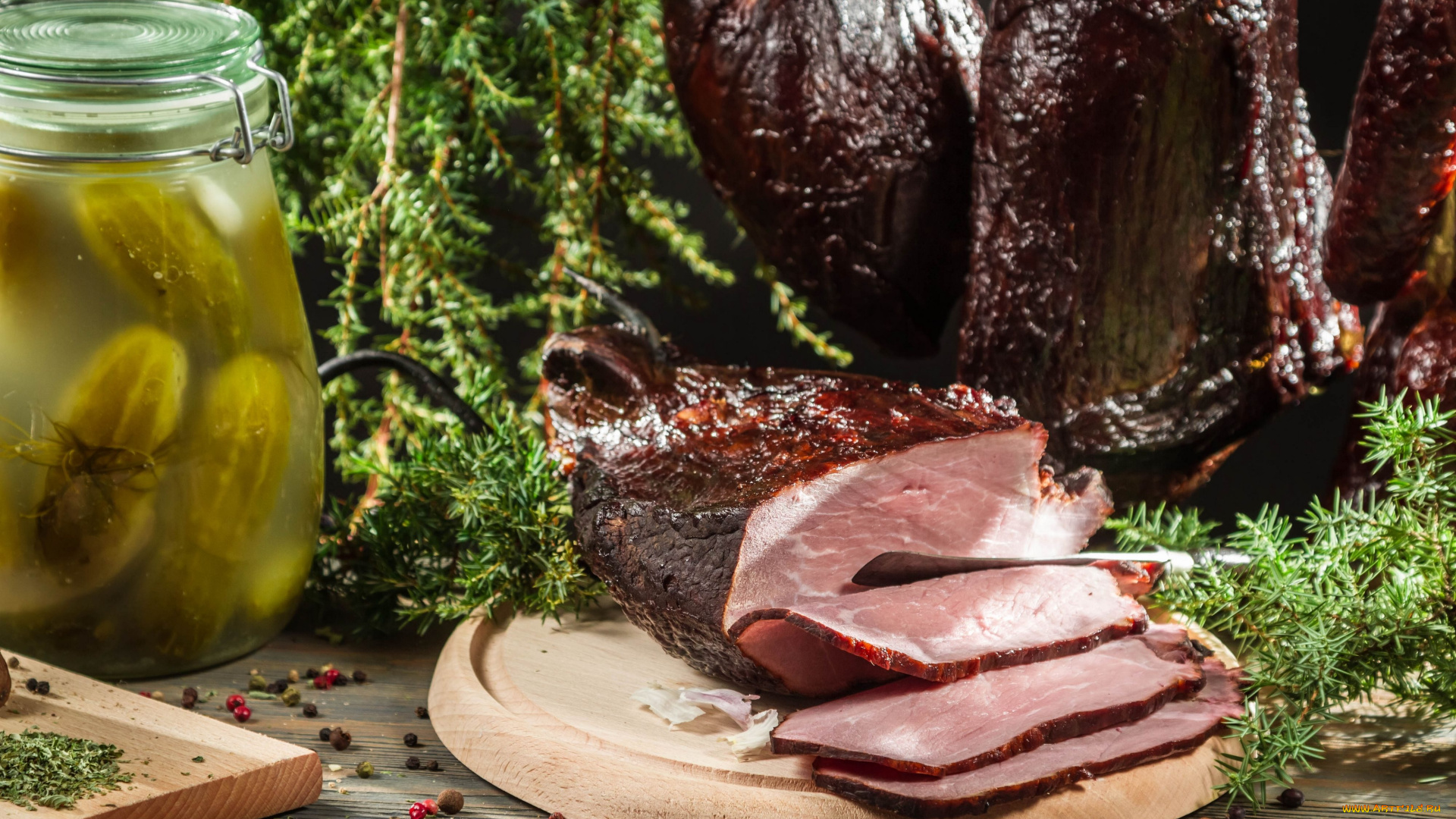 еда, мясные, блюда, ветчина, огурцы, банка, перец