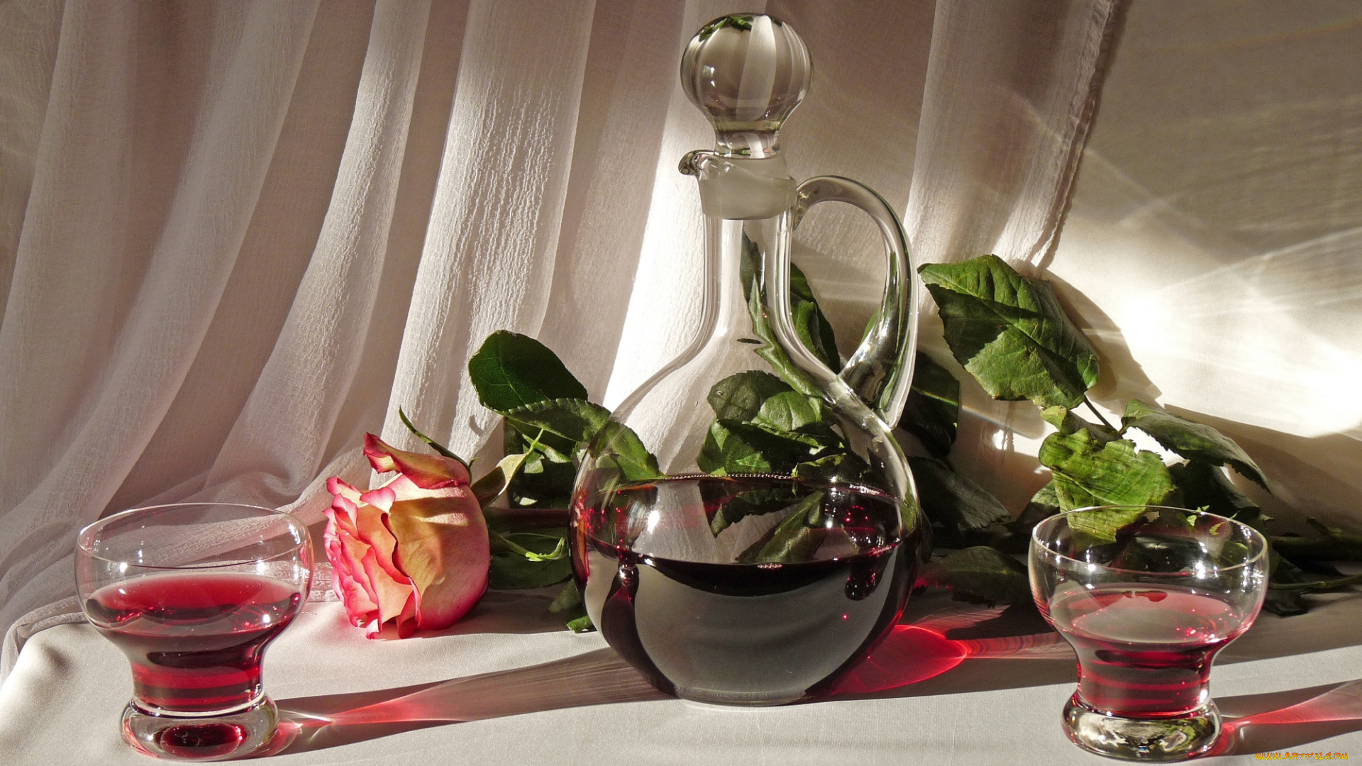 еда, напитки, вино, роза, бокалы, графин