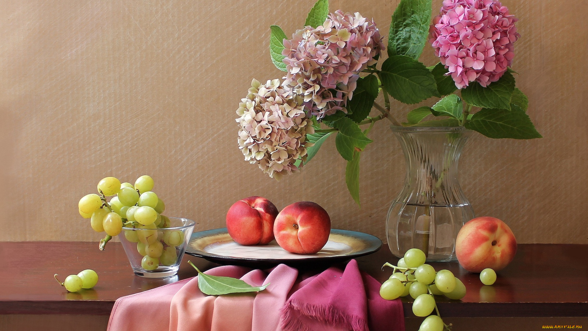 еда, натюрморт, гортензия, виноград, нектарин