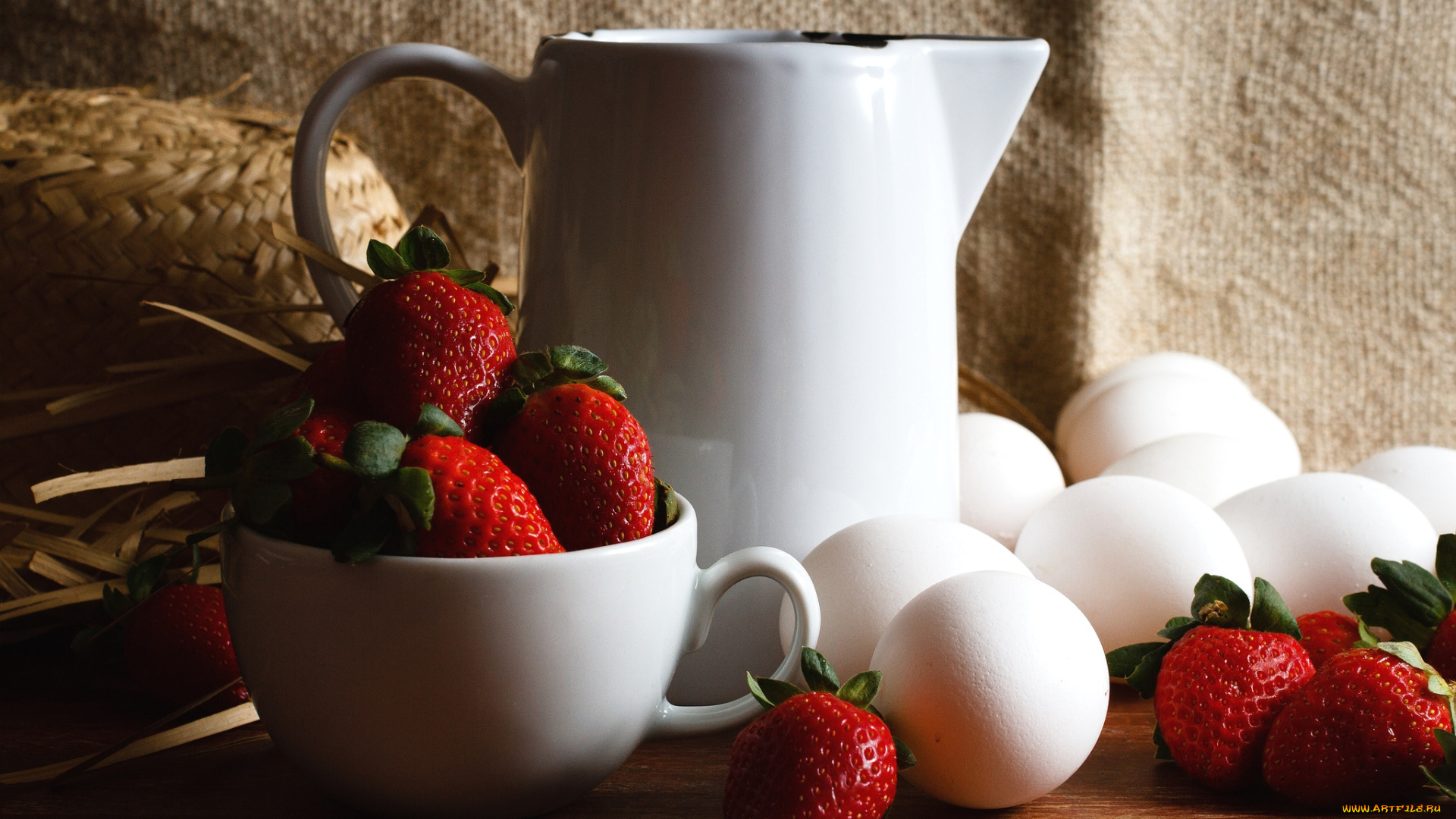 еда, натюрморт, клубника, кувшин, яйца