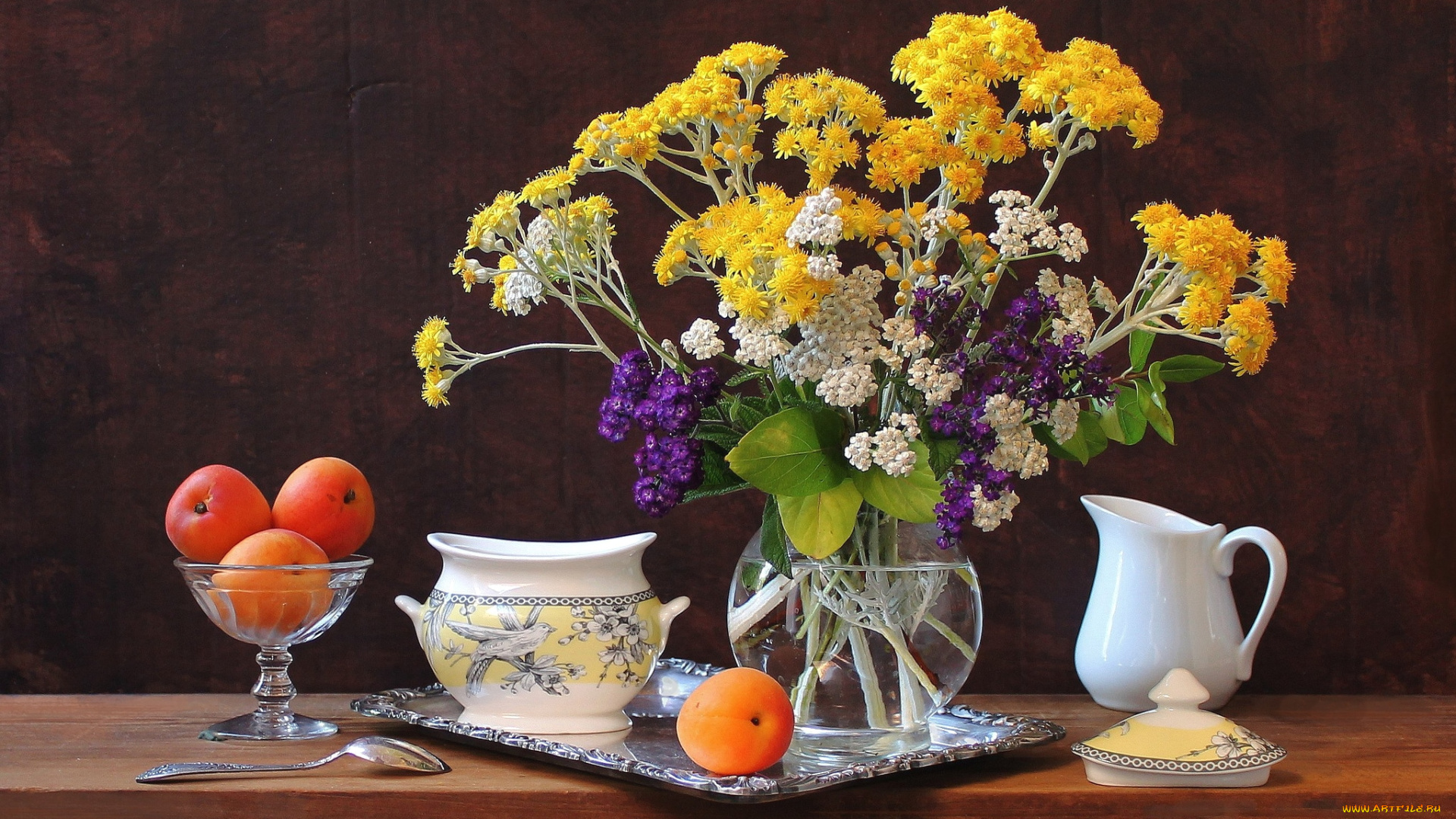 еда, персики, сливы, абрикосы, цветы, букет