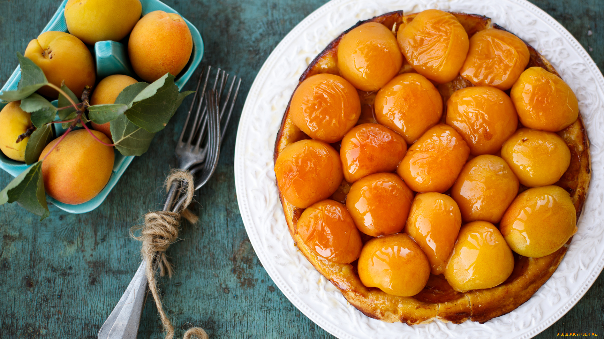 еда, пироги, абрикосовый, пирог, вилки, абрикосы