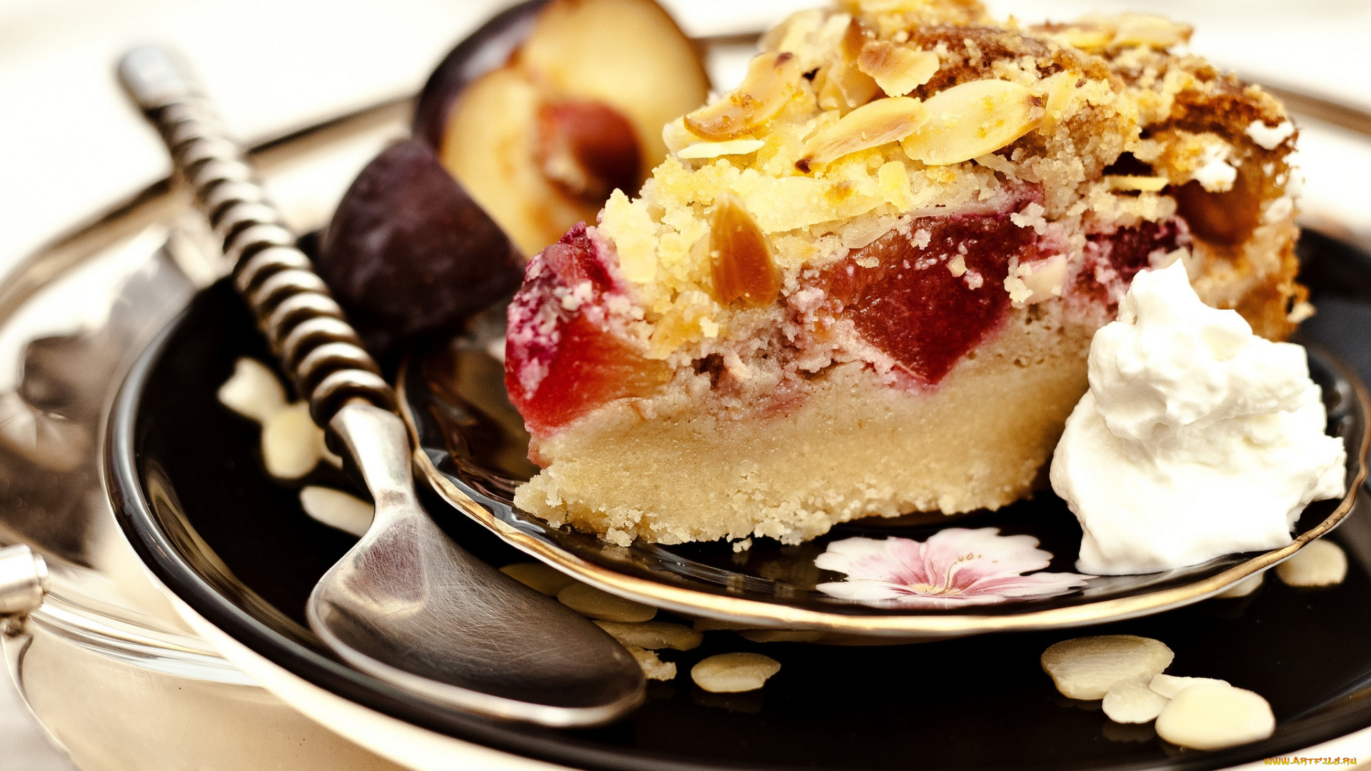 еда, пироги, сливовый, пирог, миндаль, ложка