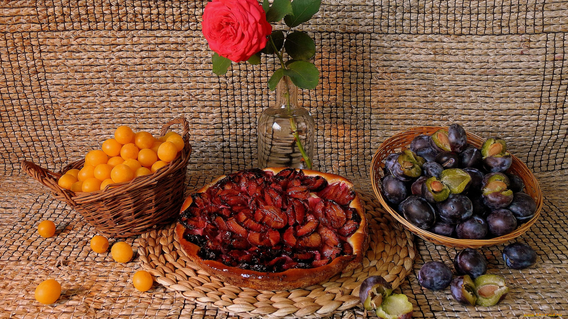 еда, пироги, сливы, роза