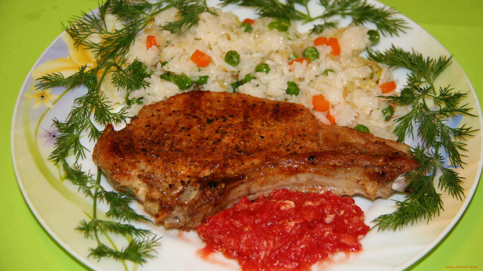 еда, вторые, блюда, рис, отбивная, зелень