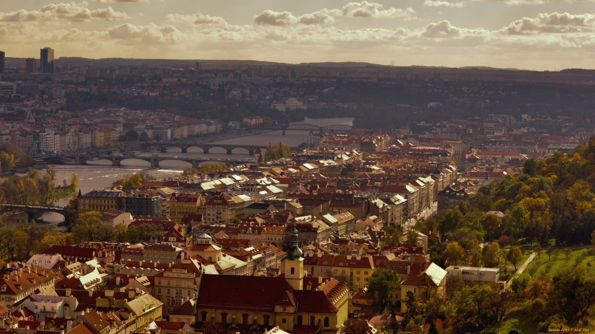 города, прага, Чехия, мосты, река, крыши, панорама