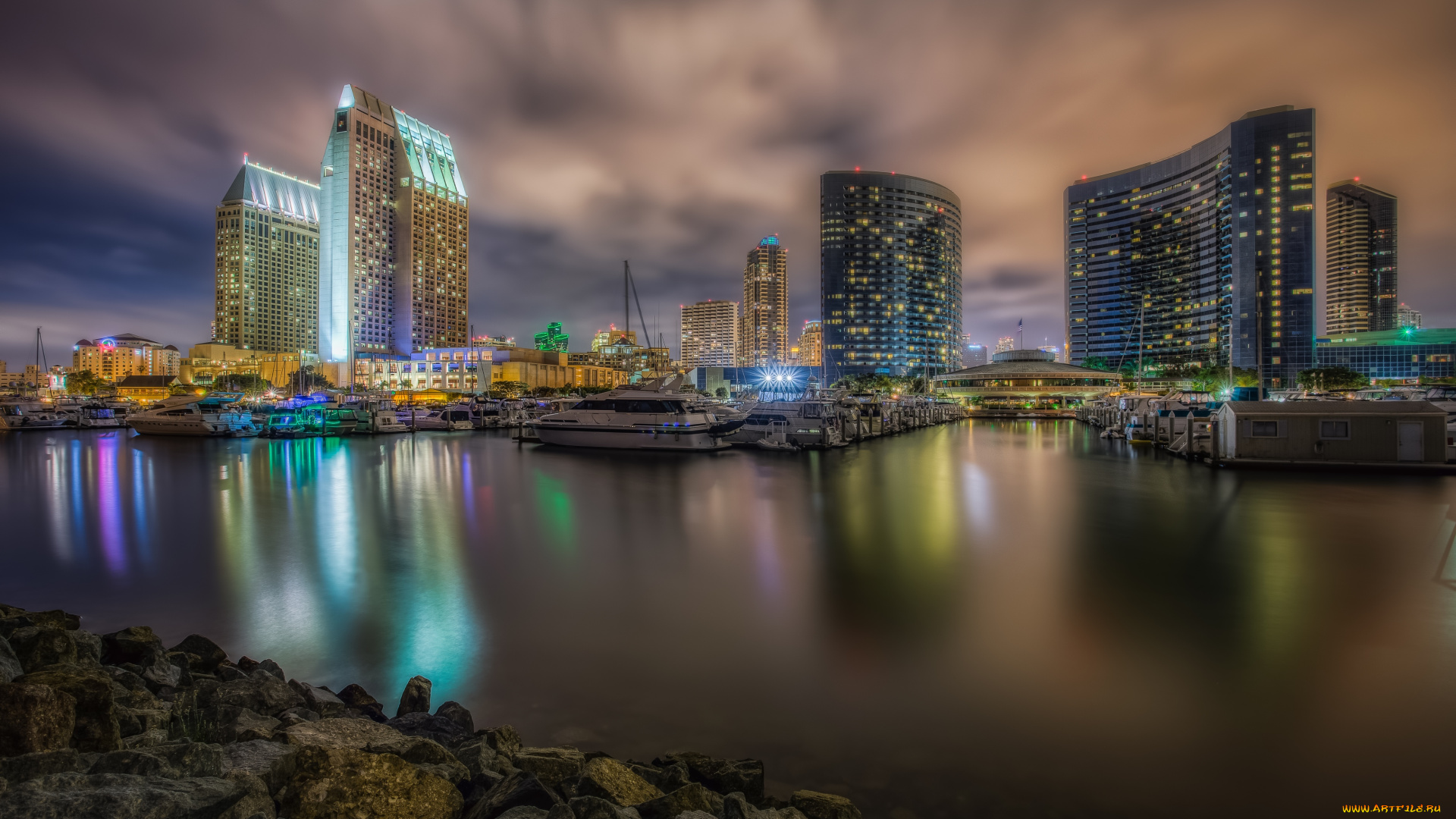 города, сан, диего, сша, яхты, ночь, здания