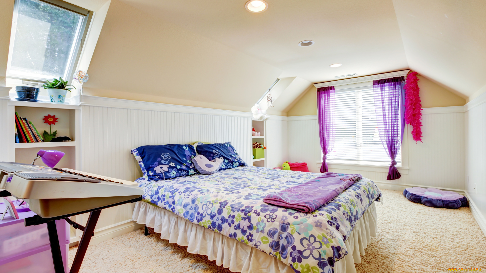 интерьер, детская, комната, подушки, кровать