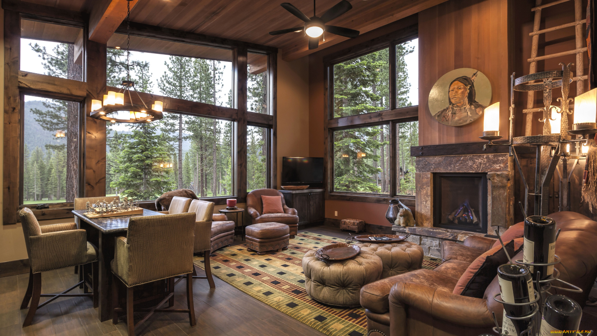 интерьер, гостиная, индеец, шахматы, камин, пуфики, диван