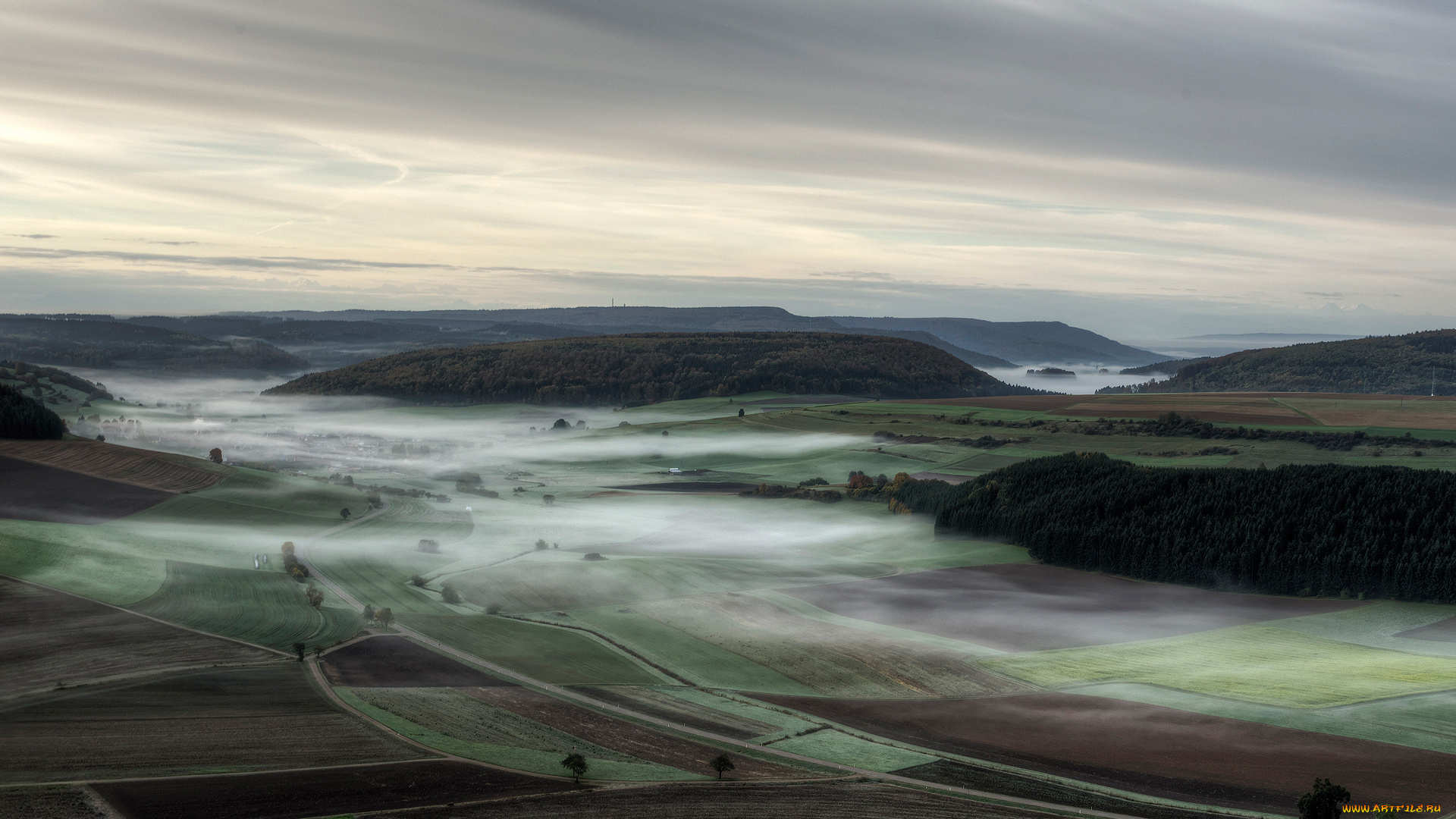природа, поля, германия, осень, утро, туман, дымка, долины