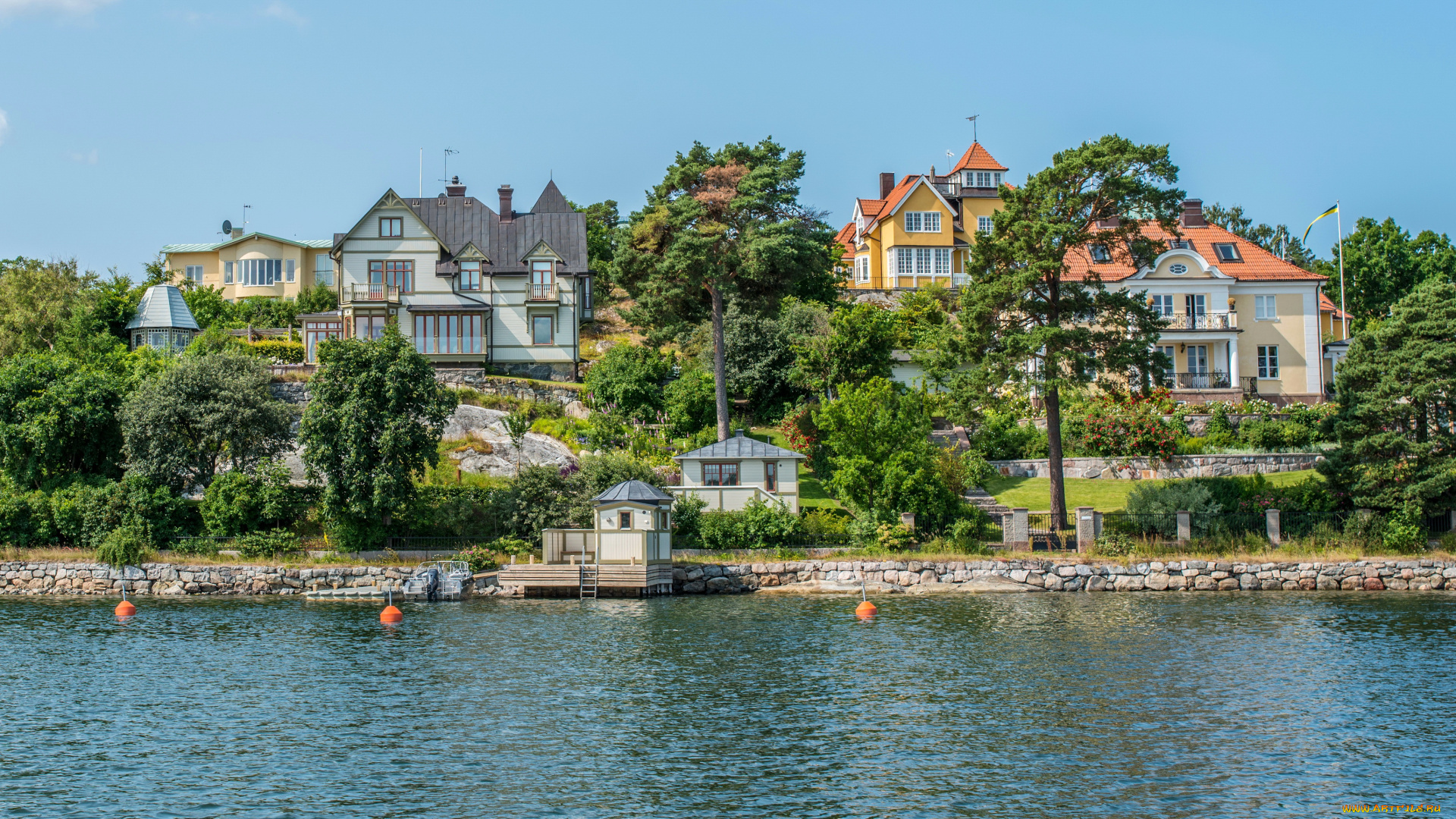 швеция, стокгольм, nacka, города, река, дома, деревья, причал