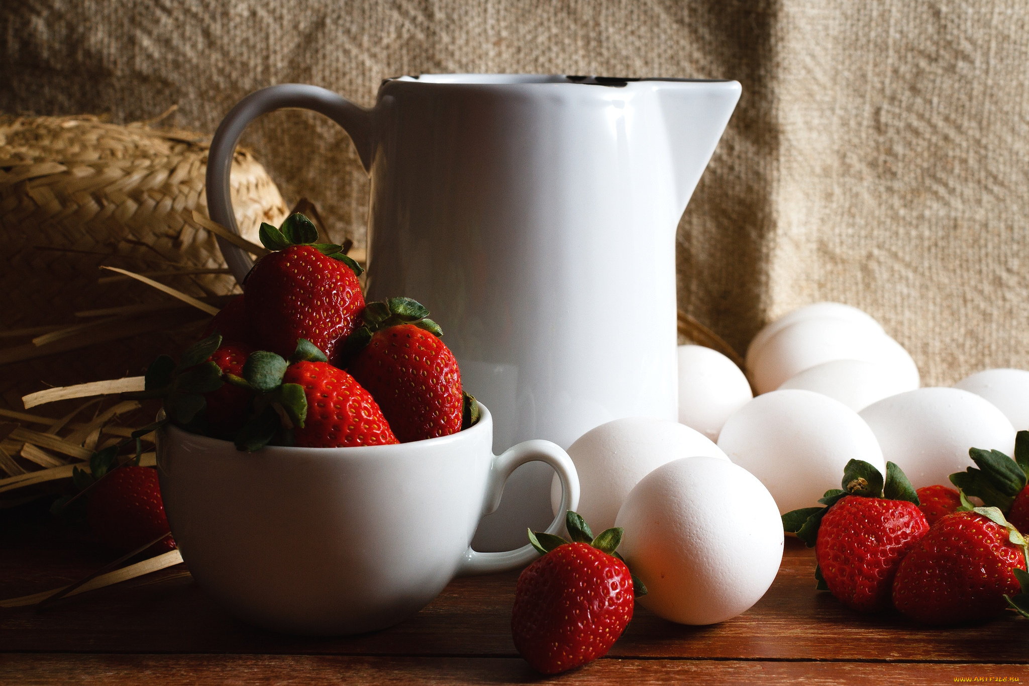 еда, натюрморт, клубника, кувшин, яйца