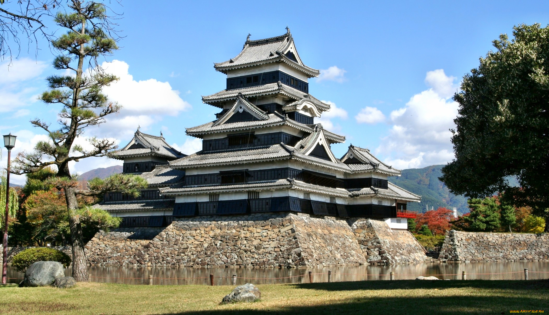 Япония, нагано, города, замки, Японии, парк, пруд, трава, деревья, замок