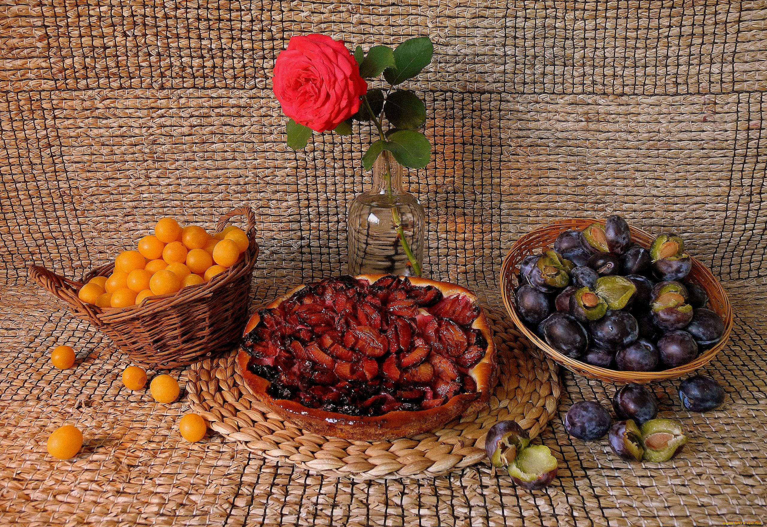 еда, пироги, сливы, роза