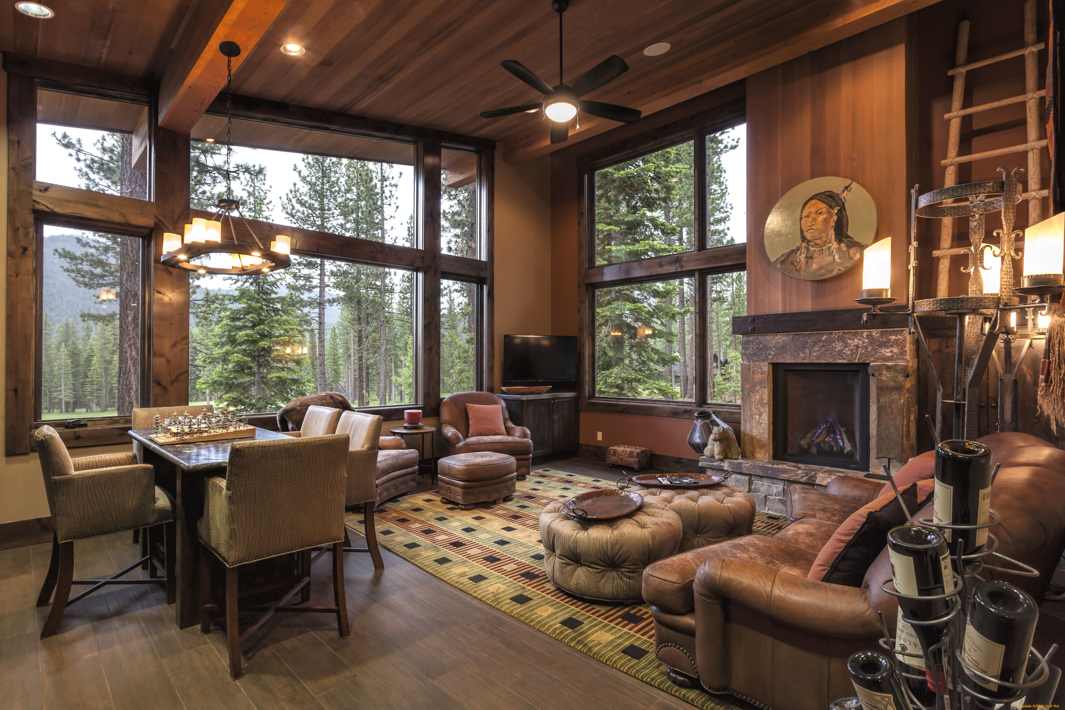 интерьер, гостиная, индеец, шахматы, камин, пуфики, диван