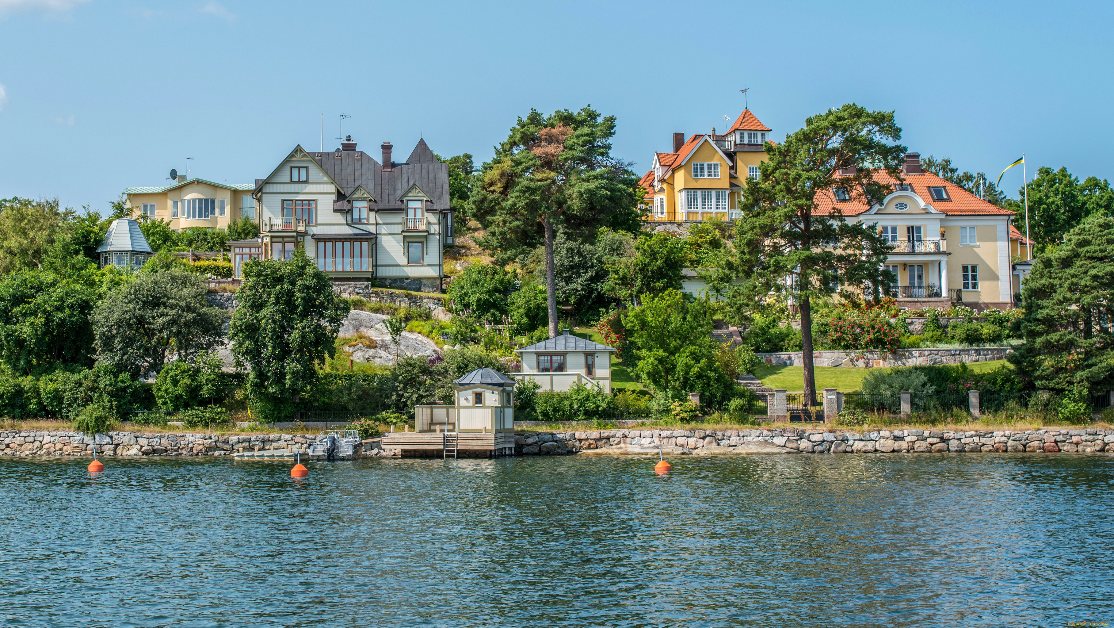 швеция, стокгольм, nacka, города, река, дома, деревья, причал