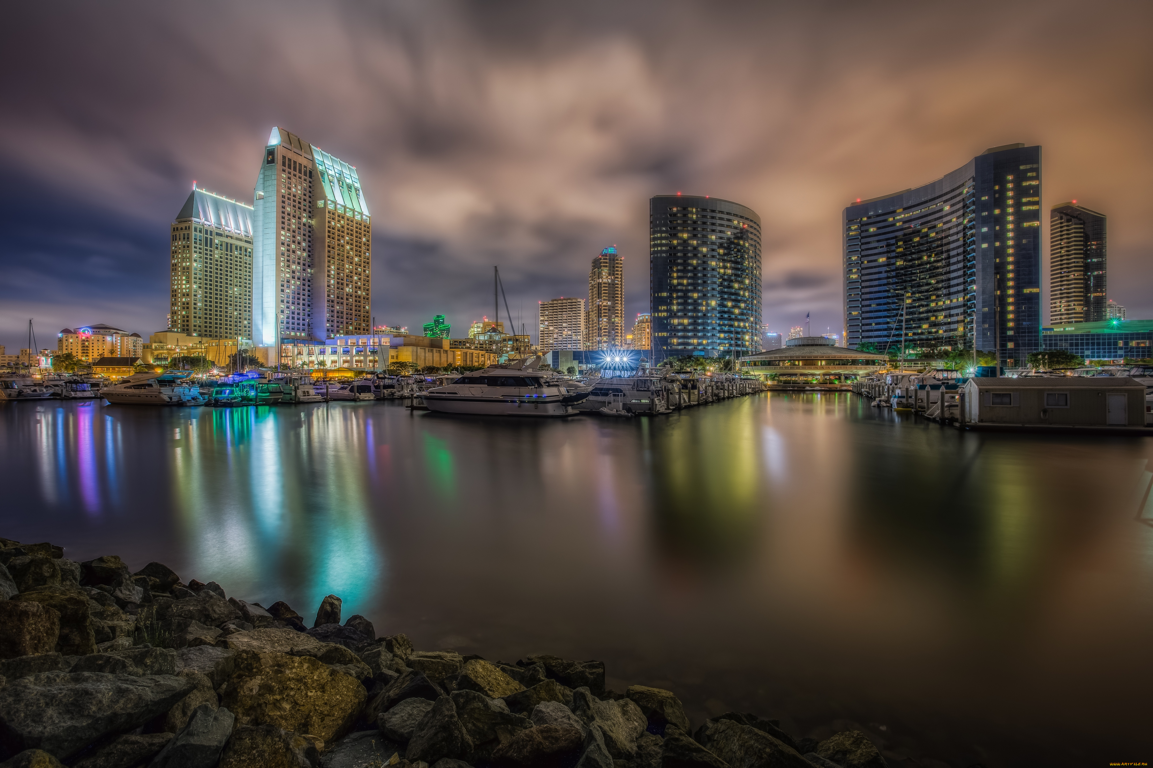 города, сан, диего, сша, яхты, ночь, здания