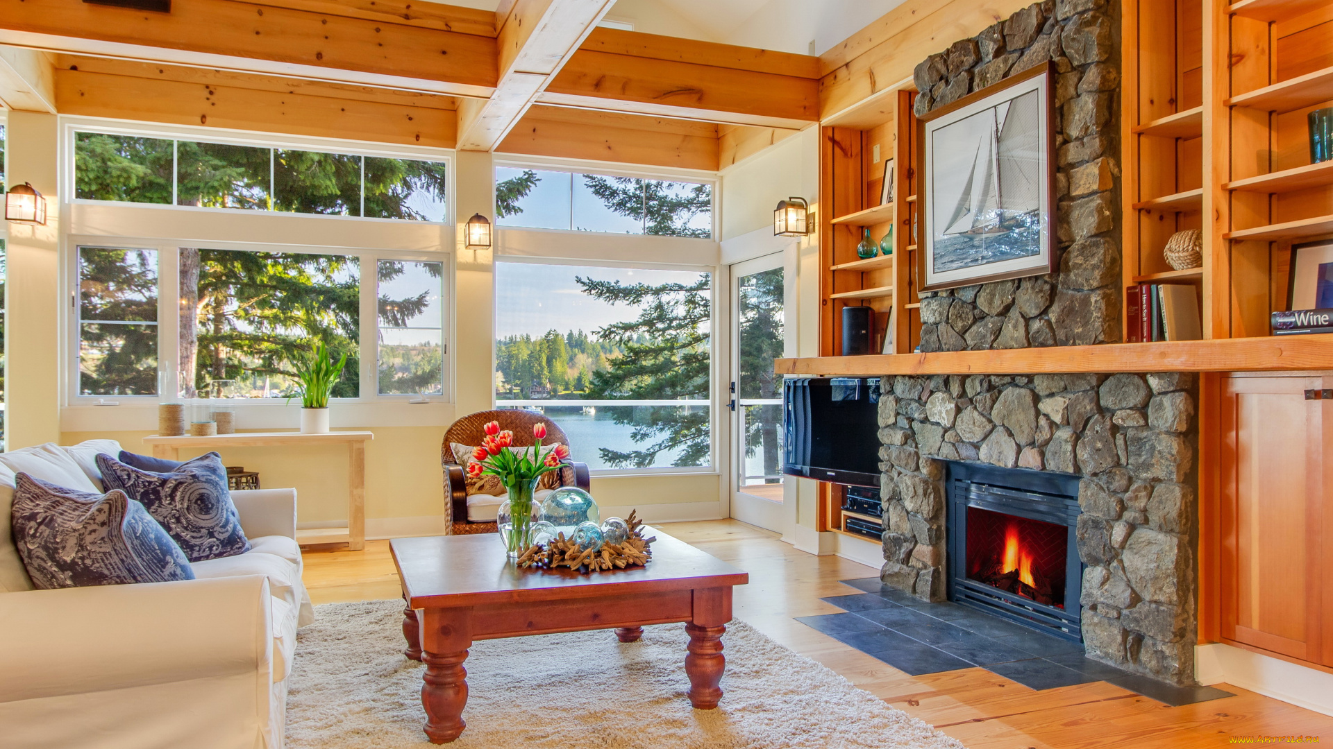 интерьер, гостиная, цветы, стол, диван, камин, дизайн