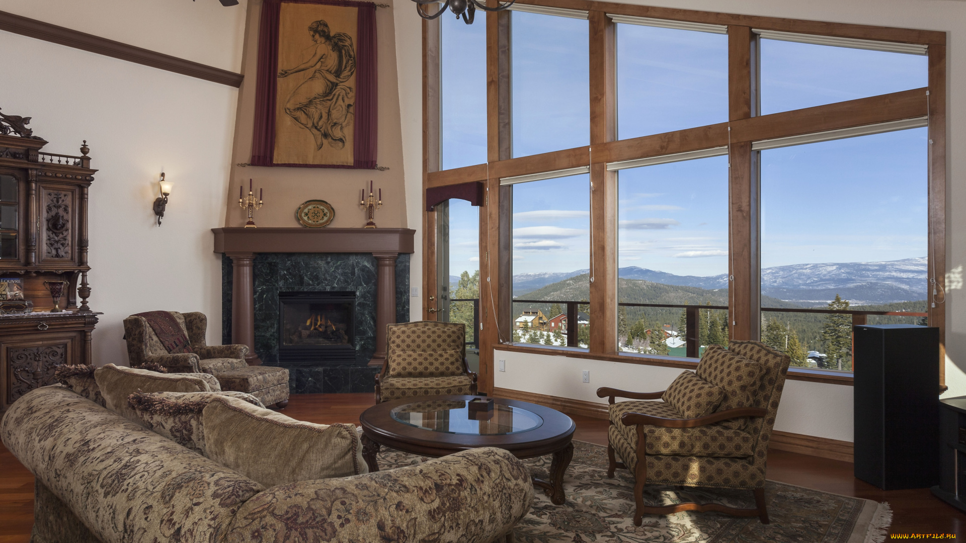 интерьер, гостиная, кресло, камин