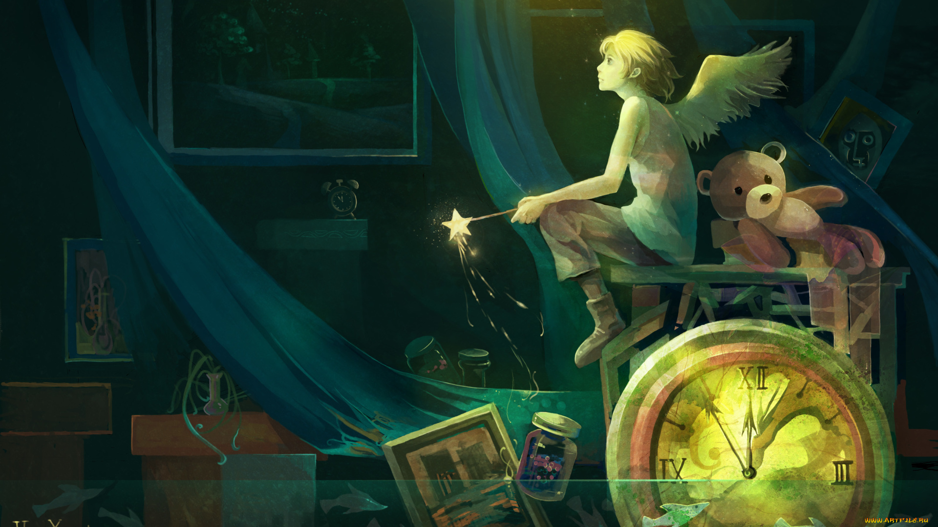 аниме, ангелы, , демоны, часы, крылья, рыбы, картина, цветы, ваза, банка, свет, вода, звездочка, медведь, палочка, арт, han, yijie, парень