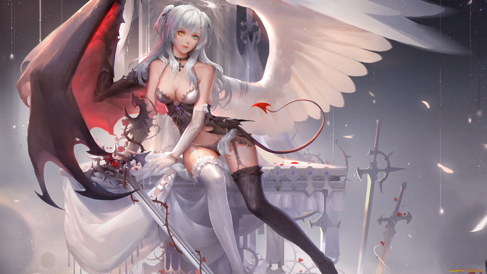 аниме, ангелы, , демоны, крылья, арт, fom, lifotai, меч, демон, ангел, взгляд, девушка