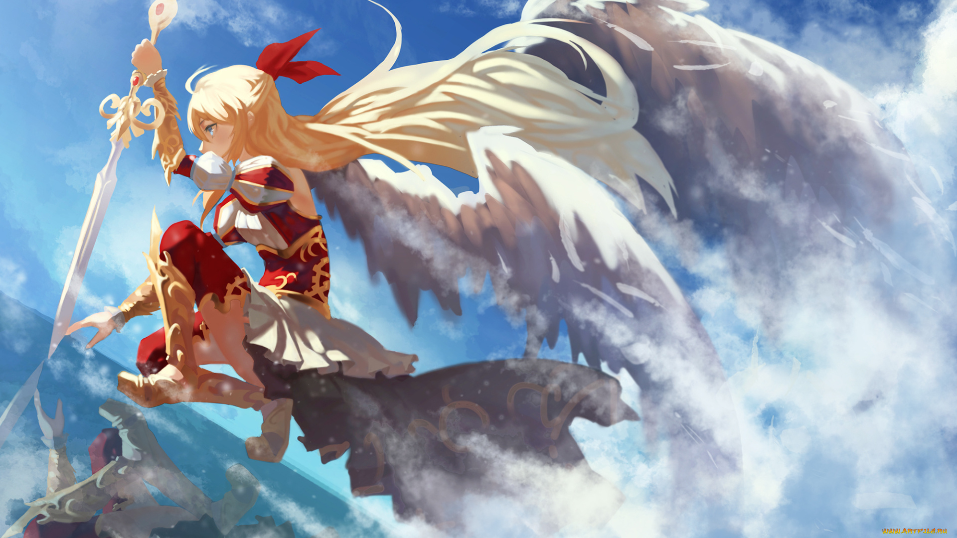 аниме, ангелы, , демоны, небо, крылья, меч, девушка, ангел, арт, kuroduki, monster, strike