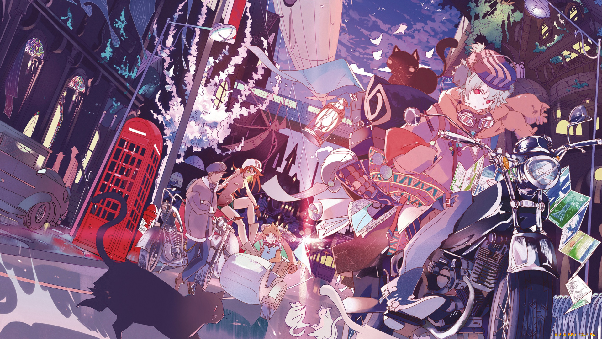 аниме, город, , улицы, , здания, дирижабль, мотоцикл, транспорт, кошки, люди, арт, hpknight