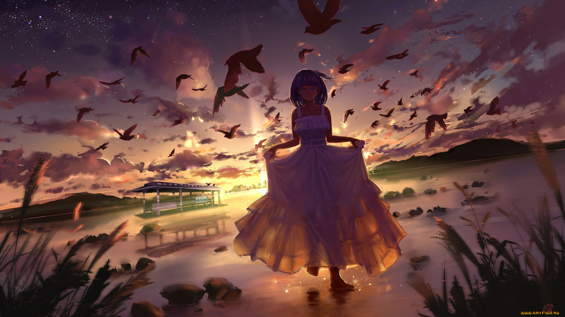 аниме, город, , улицы, , здания, горы, улыбка, звезды, облака, небо, природа, остановка, птицы, закат, девушка, mikan, арт