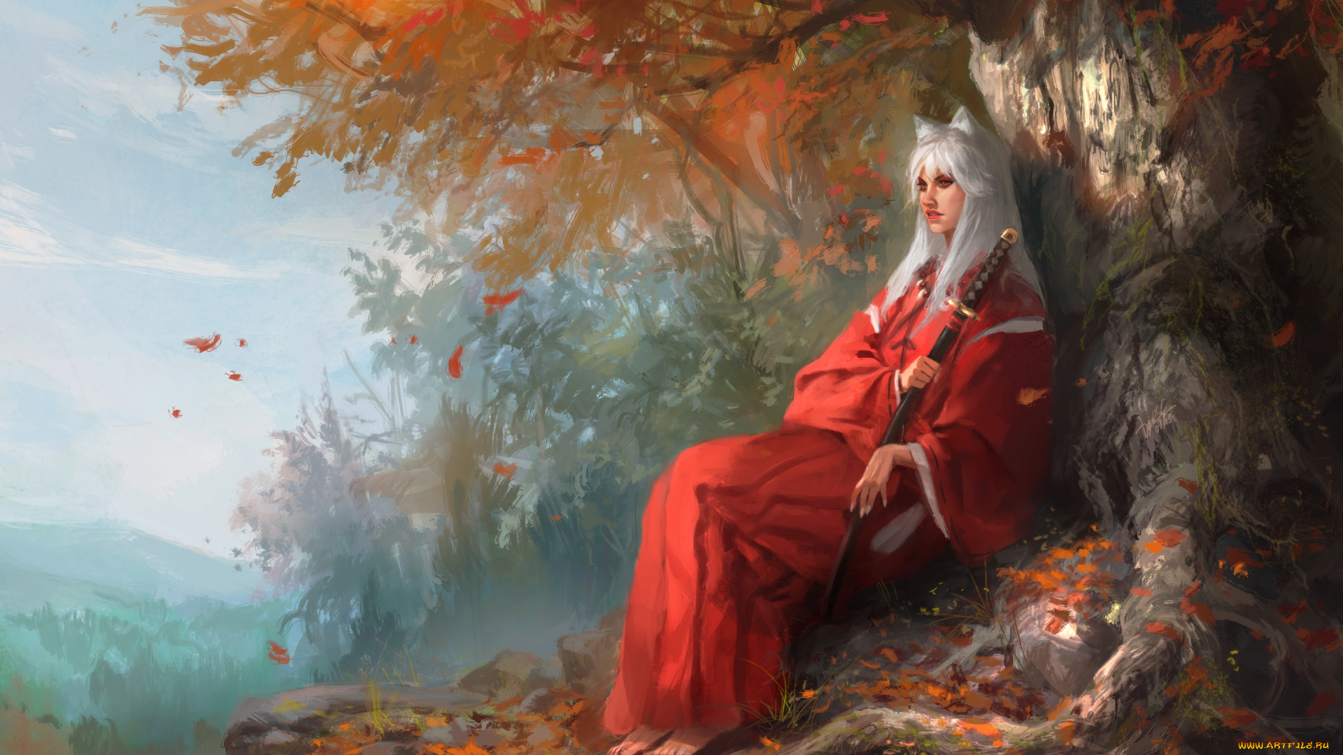 аниме, inuyasha, арт, уши, листья, природа, меч, дерево, female, version