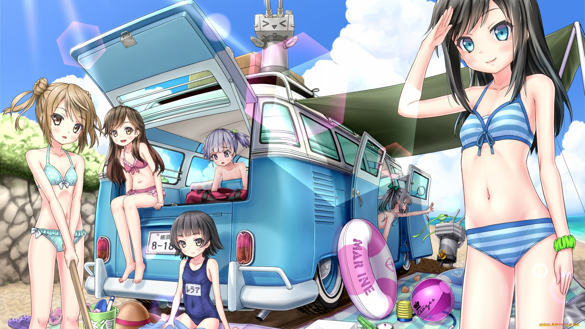 аниме, kantai, collection, gotou, hisashi, девушки, арт, rensouhou-chan, ooshio, michishio, kantai, collection, облака, небо, арбуз, мяч, круг, море, kancolle, arare, kasumi, asashio, arashio, отдых, пляж, машина, лучи