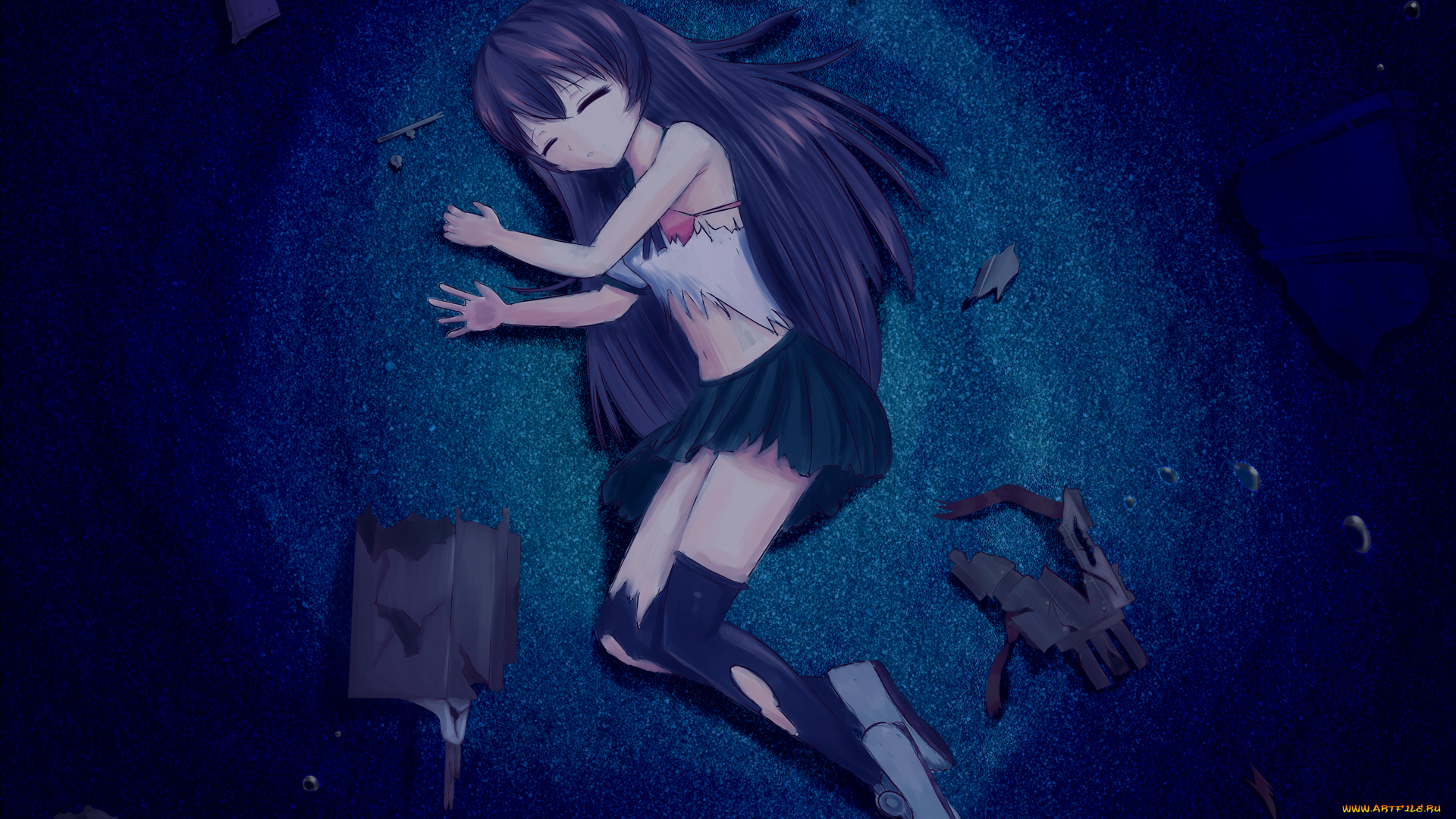 аниме, kantai, collection, kantai, collection, kisaragi, ночь, песок, обломки, kancolle, tagme, artist, арт, девушка