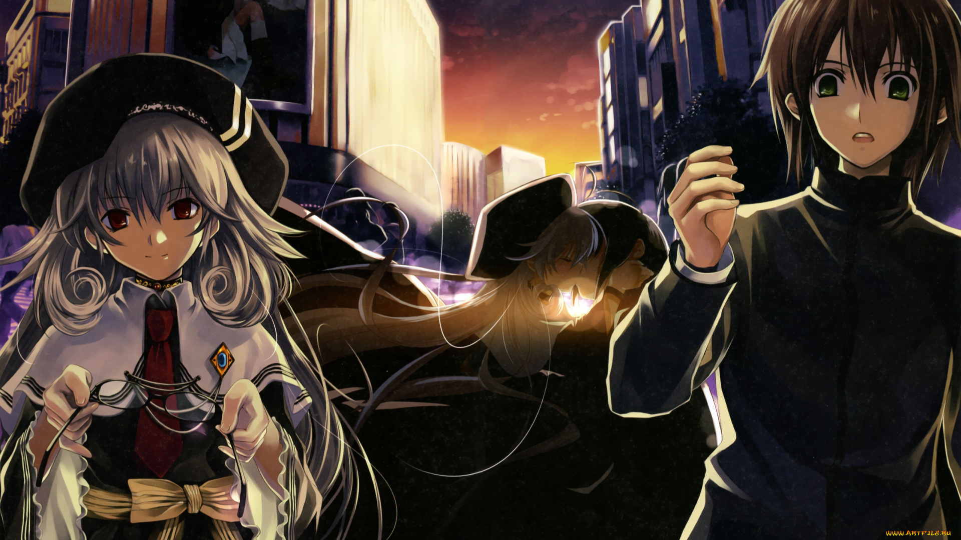 аниме, kurehito, misaki, , artbook, misaki, kurehito, арт, очки, закат, дома, город, boku, to, kanojo, ni, furu, yoru, sugamu, naito, iris, maria, herbust, девушка, парень