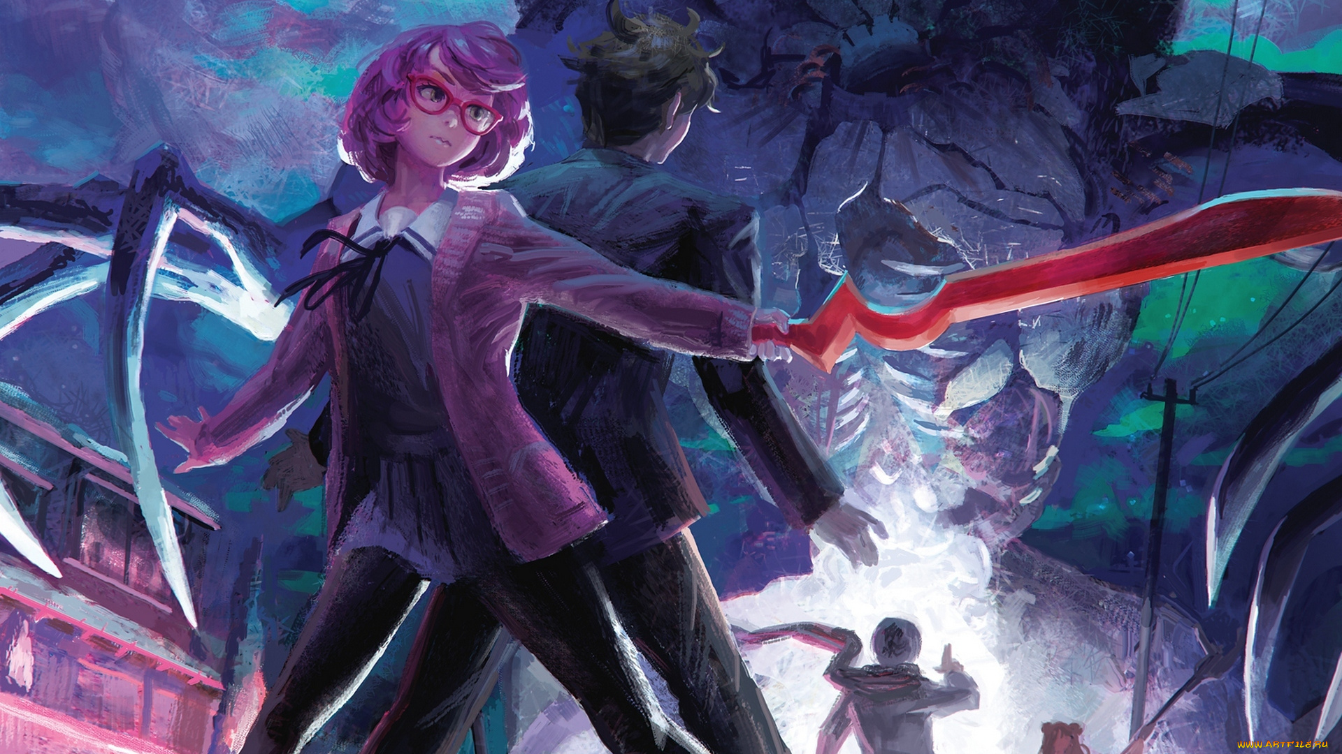 аниме, kyoukai, no, kanata, doyora, оружие, арт, чудовище, парень, девушка, kuriyama, mirai, kyoukai, no, kanata, школьница, меч