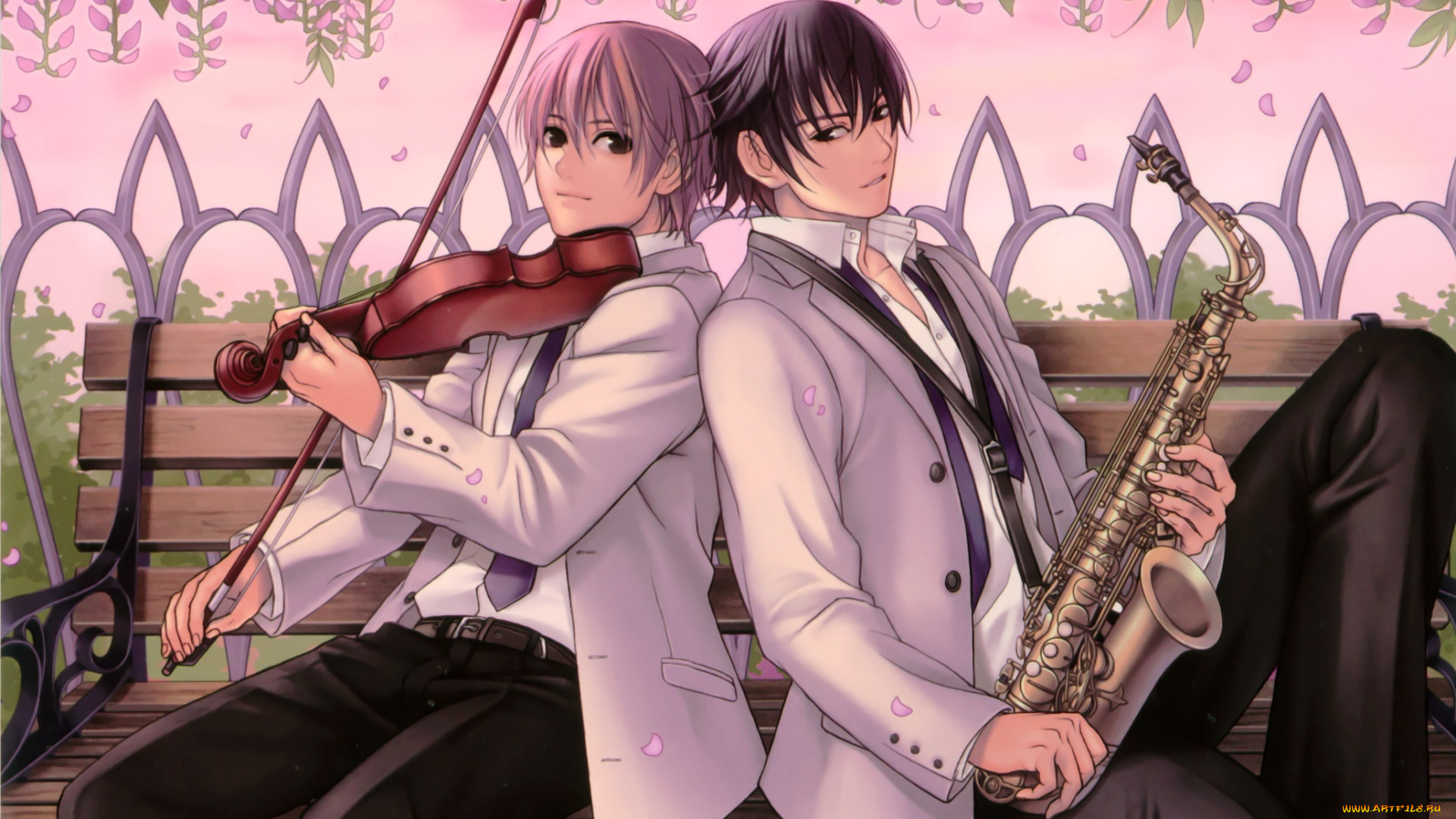 аниме, музыка, музыкальный, инструмент, скрипка, саксофон, дерево, парни, hatake, michi, арт, скамейка, лавочка, розовые, цветы