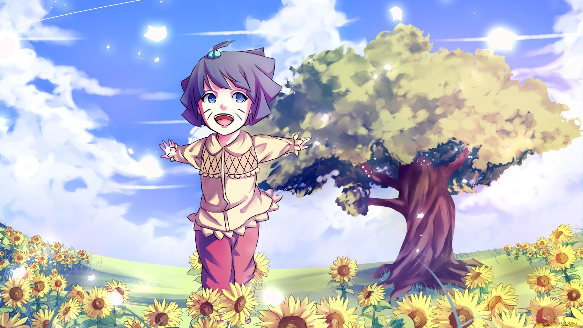 аниме, naruto, арт, подсолнухи, цветы, облака, небо, девочка, луг, дерево